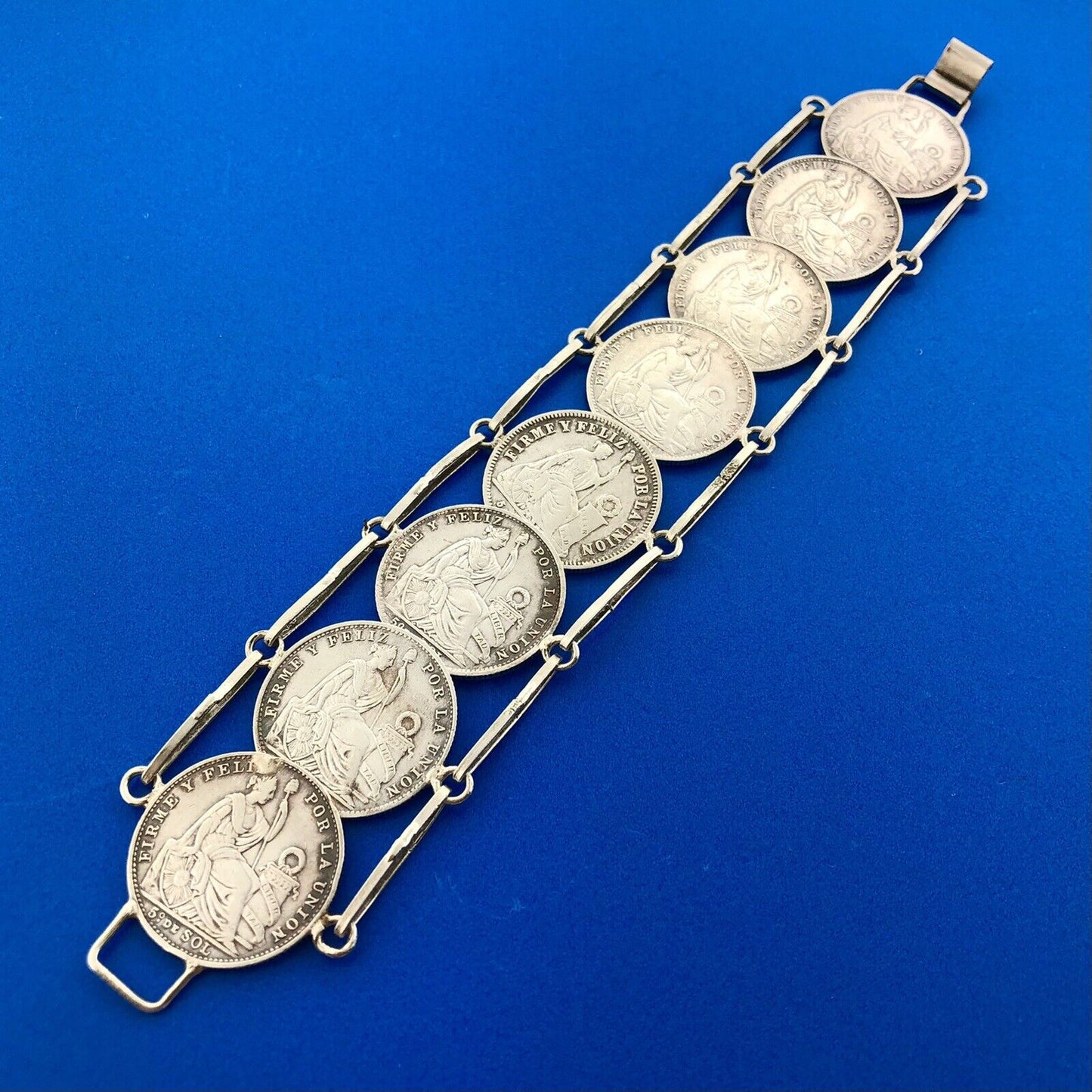 Vintage 925 Sterling Silver 900 Fine Peru 1/5 Sol Eight Coin Panel Bracelet