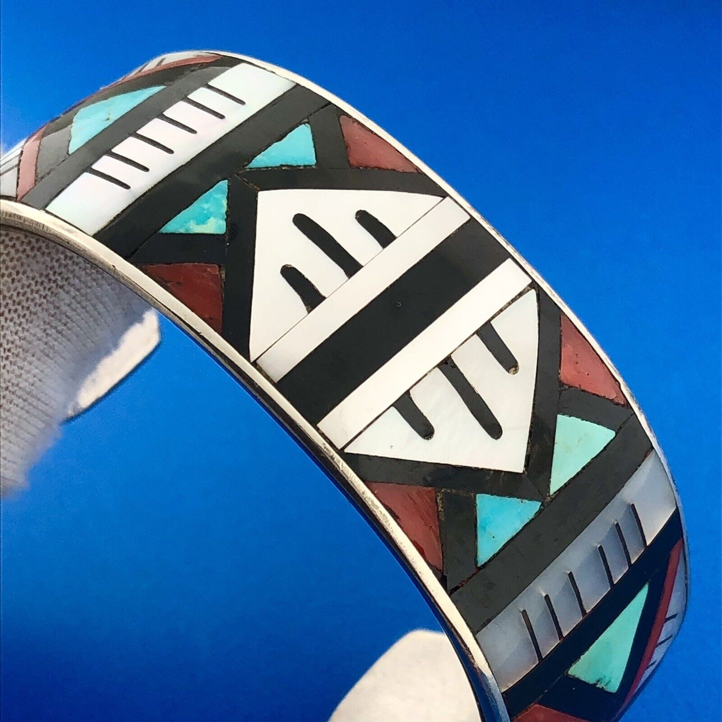 Native American Signed 925 Sterling Multi Stone Inlay Statement Cuff Bracelet