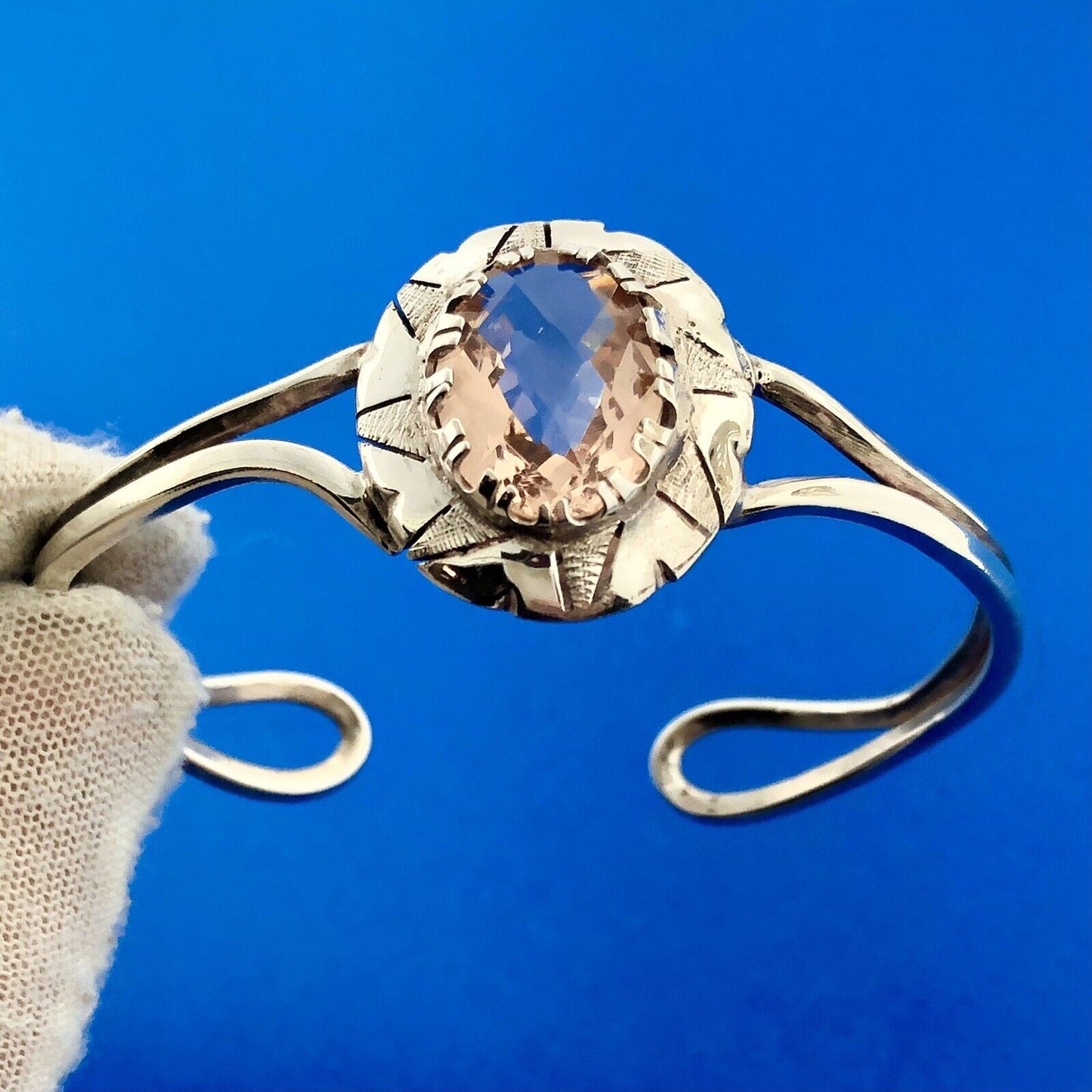 Sterling Silver Morganite Cubic Zirconia Concho Cuff Bracelet