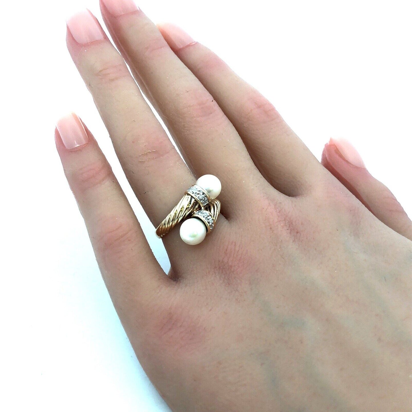 Designer H 14K Yellow Gold Round Pearl Diamond Twist Textured Bypass Ring