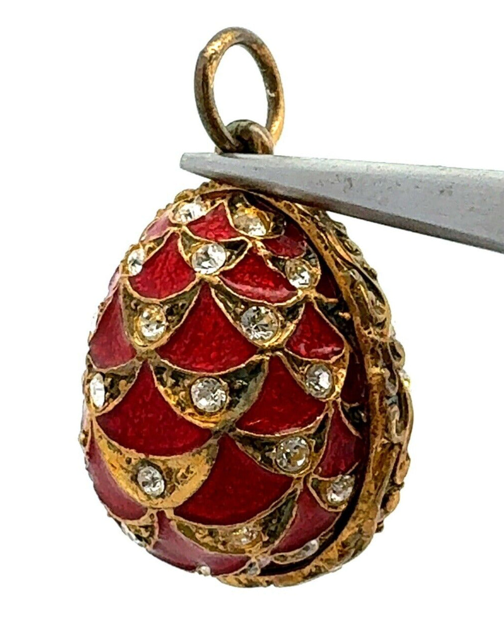 Vintage 925 Sterling Silver Gold Vermeil CZ Red Enamel Faberge Egg Pendant