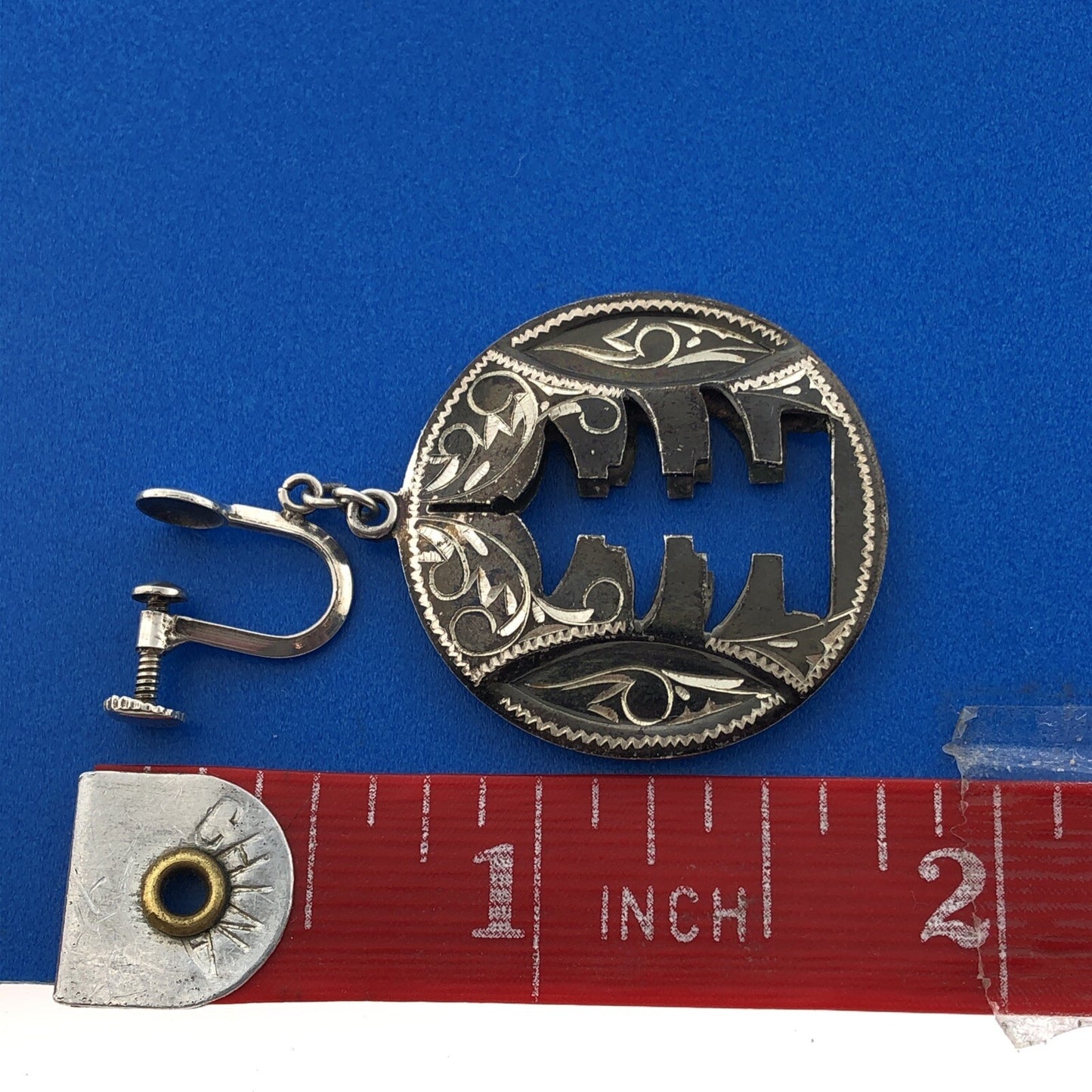 Antique 925 Sterling Silver Niello Siam Temple Cut Out Screw Back Drop Earrings