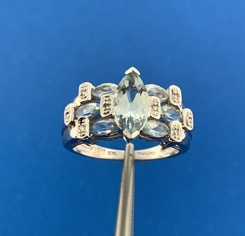 Designer 10K White Gold Aquamarine Diamond Accent March Anniversary Ring