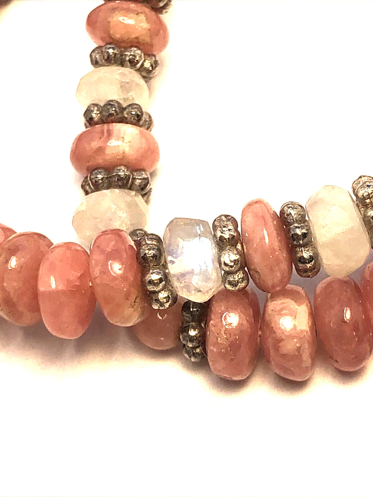 Estate 925 Sterling Silver Rhodochrosite Moonstone Stone Beaded Pendant Necklace