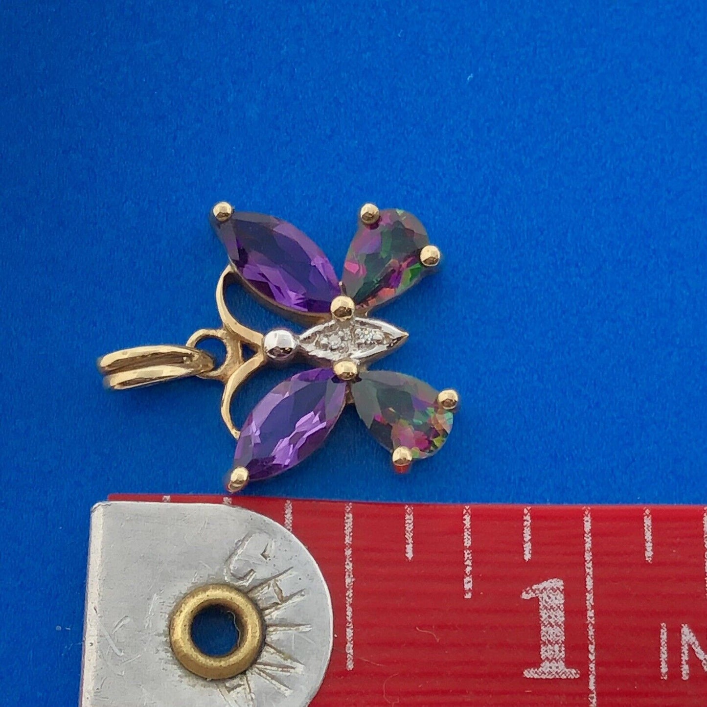 10k Yellow Gold Marquise Amethyst Pear Mystic Topaz Butterfly Dangle Pendant