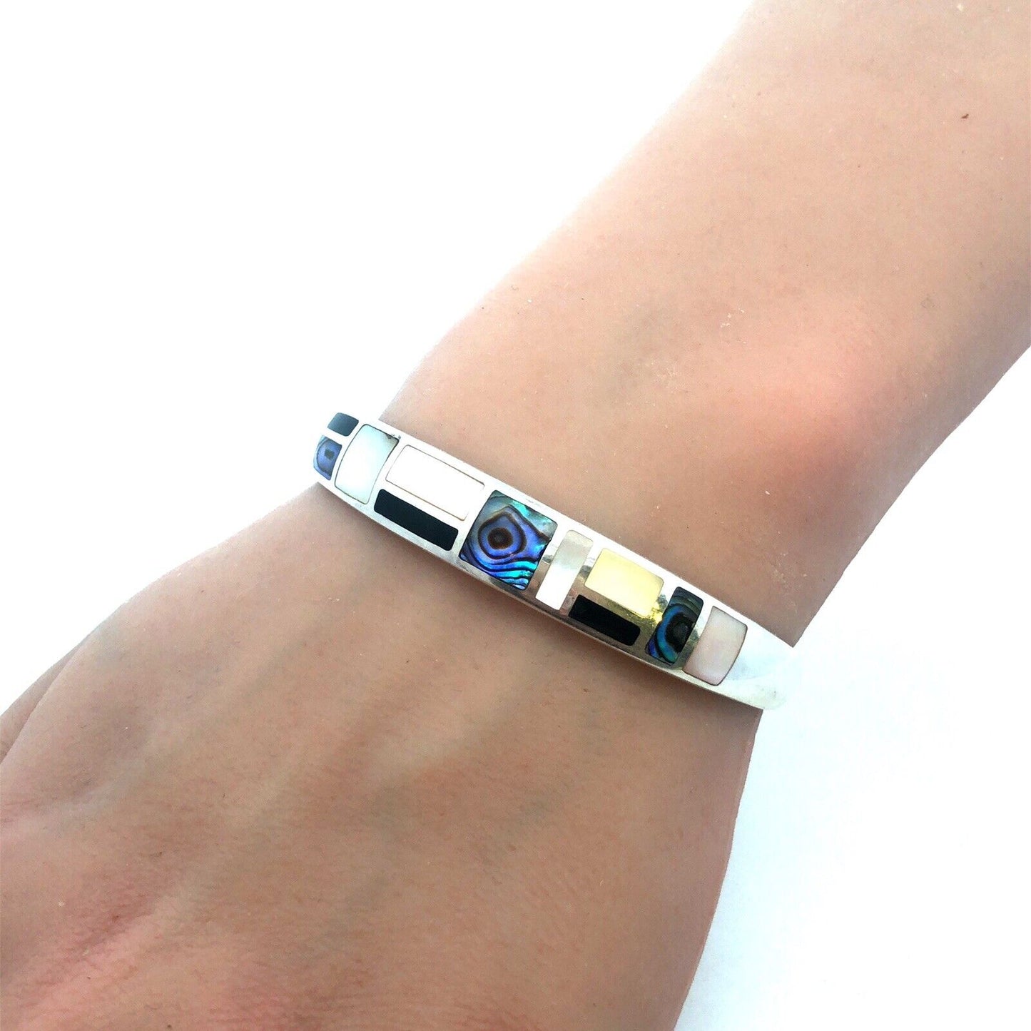 Designer Sterling Silver Abalone Mother Of Pearl Onyx Inlay Open Cuff Bracelet