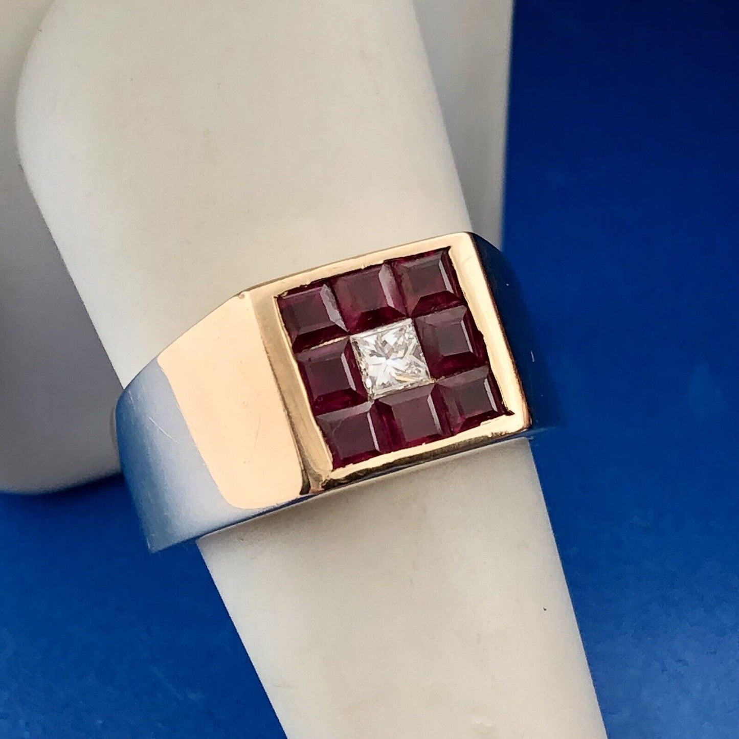 Retro 18K Yellow Gold Diamond Ruby Halo Channel Set Square Dome Unisex Ring
