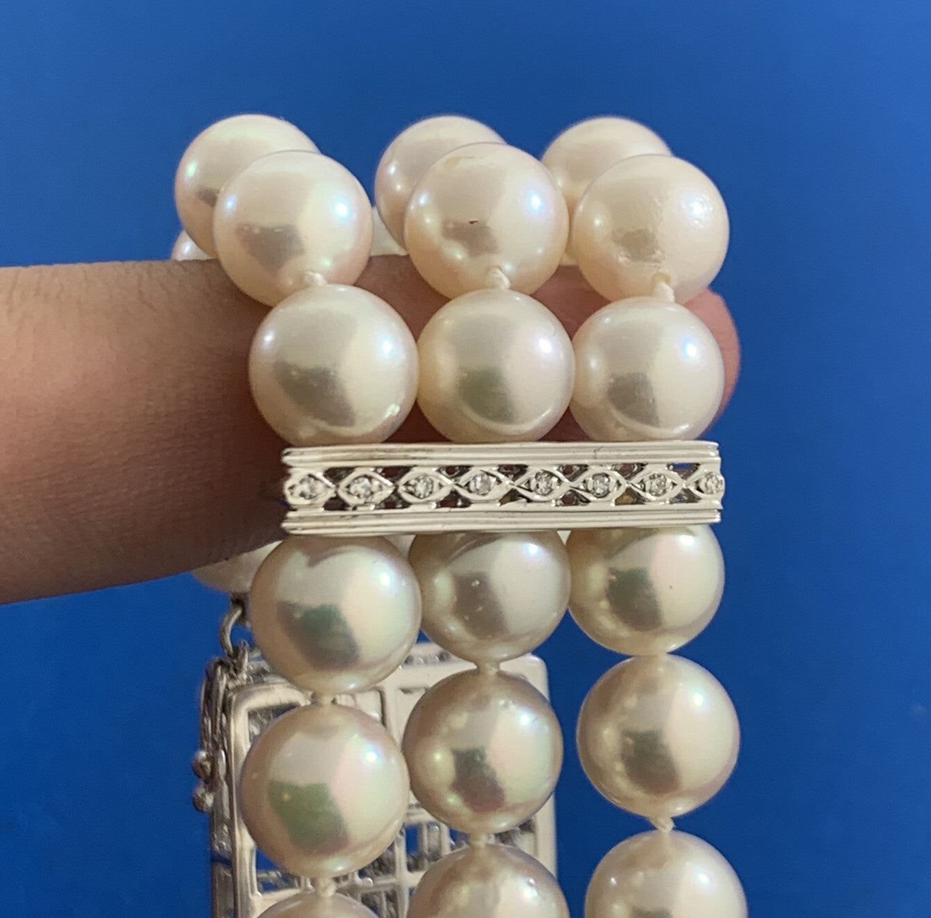 Designer 14K White Gold Pearl Diamond Three Strand Statement Wide Bracelet