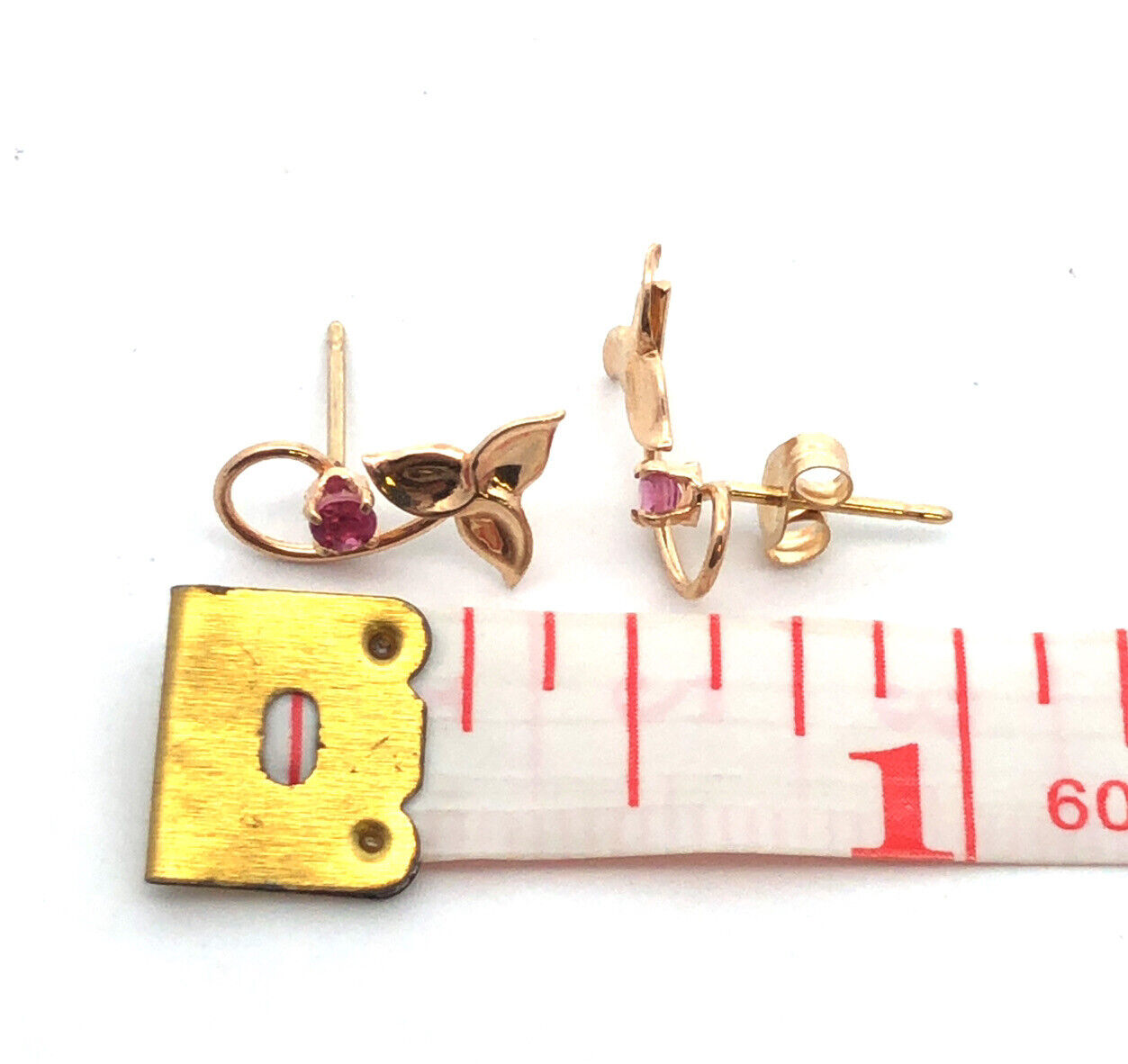 Designer PPC 14K Yellow Gold Ruby Floral Scroll Stud Earrings