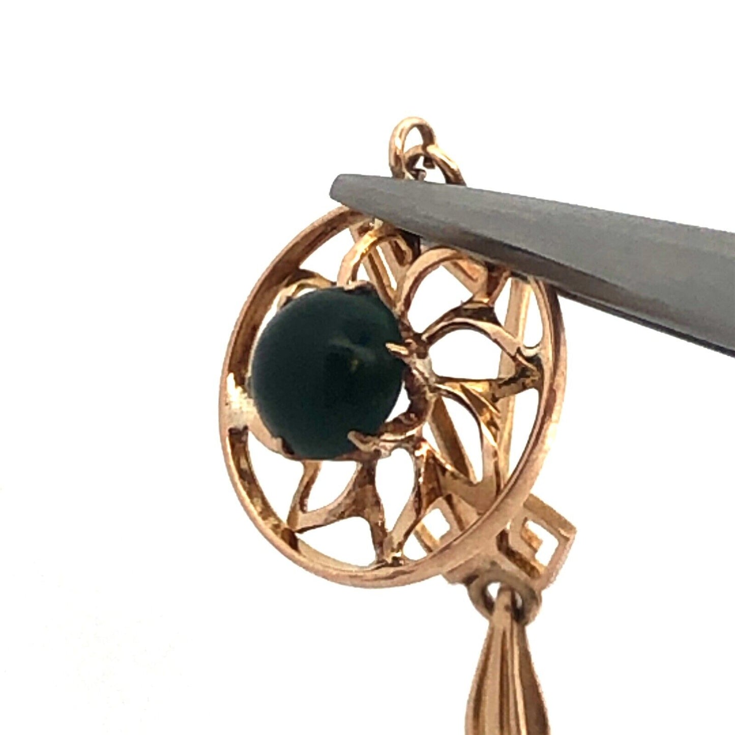 Vintage 10K Yellow Gold Round Green Onyx Cabochon Floral Design Dangle Pendant