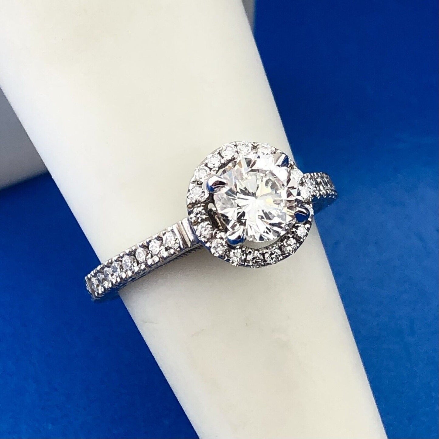 Designer 14K White Gold Round Diamond Solitaire W Halo Accents 2 Ring Bridal Set