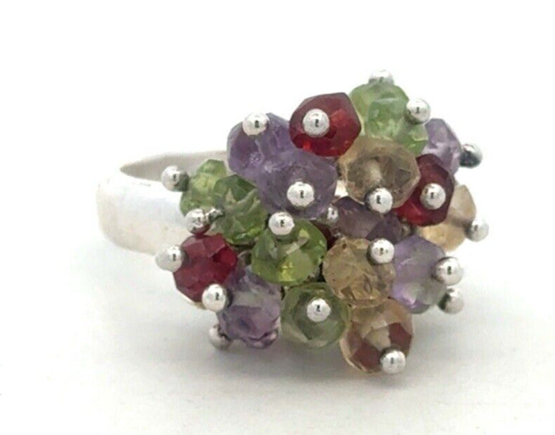 Designer 925 Sterling Silver Beaded Multi-Gemstone Cluster Dome Ring