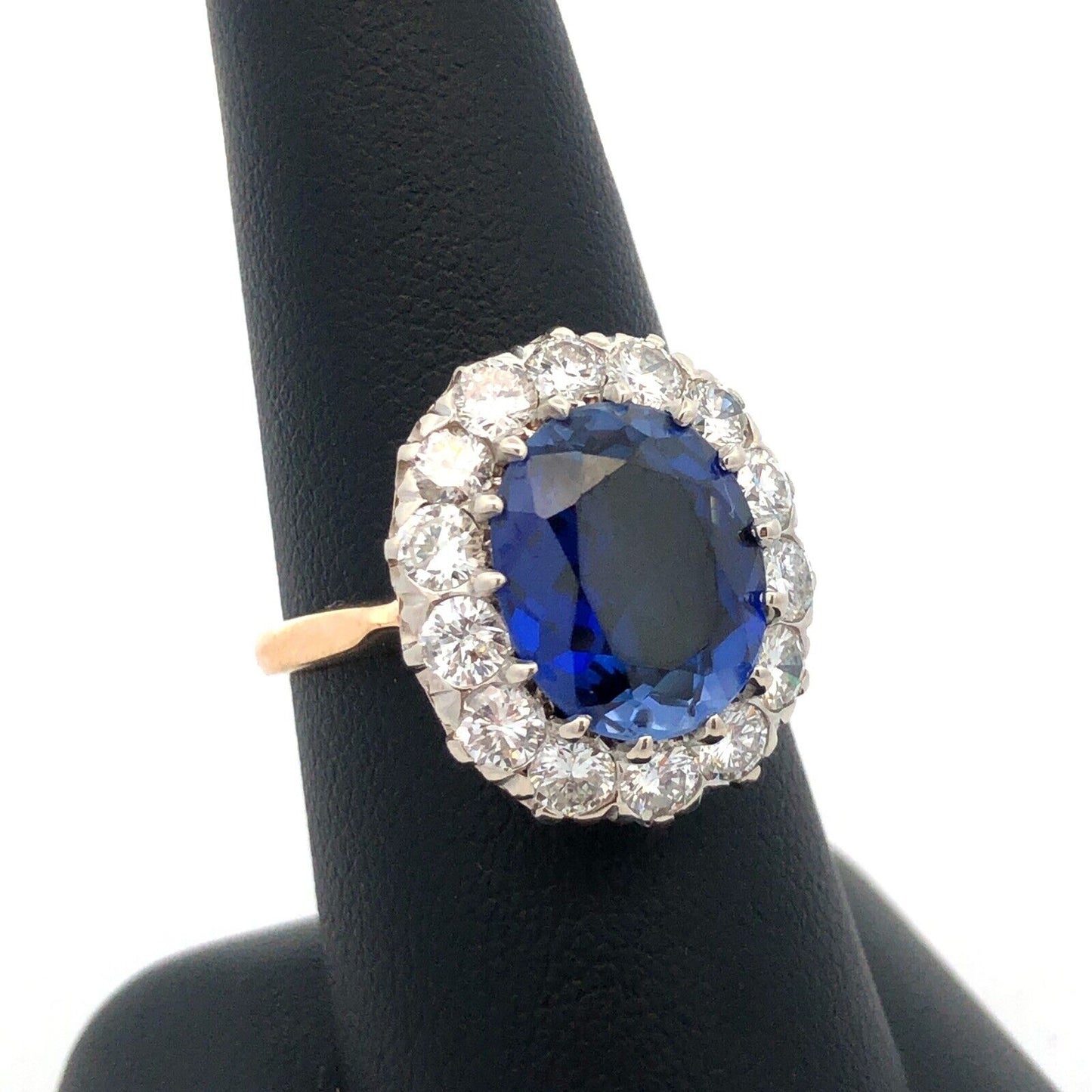 Estate 14K Yellow Gold Lab Created Blue Sapphire Diamond Halo Statement Ring