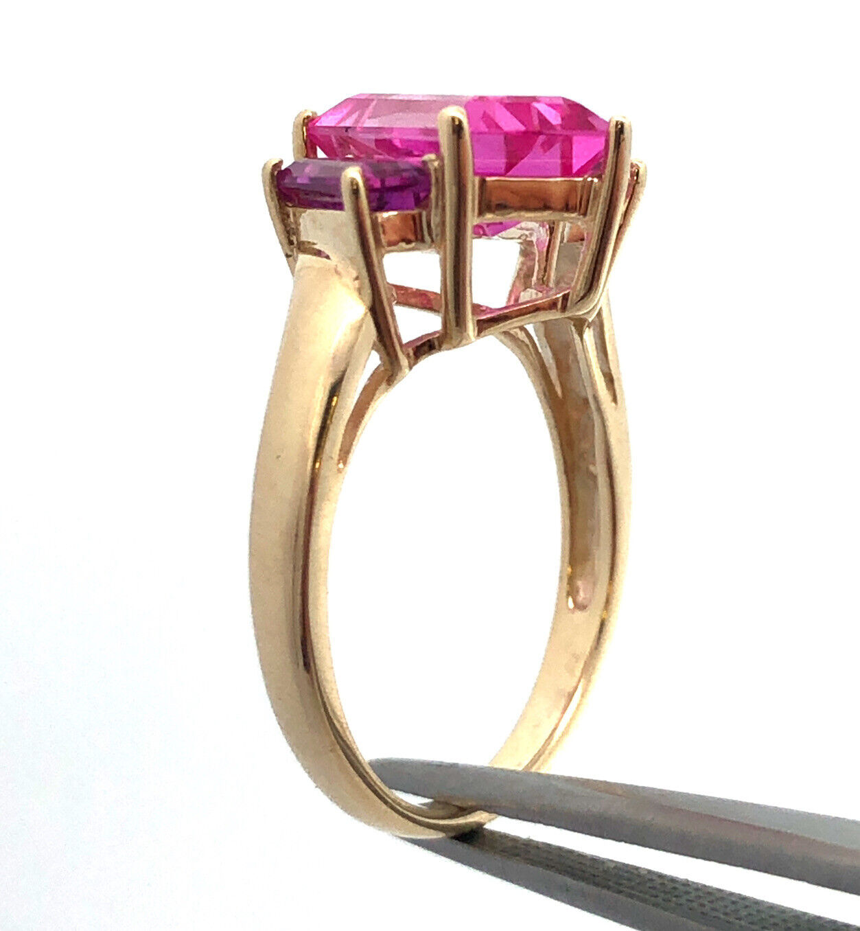 Designer 10K Yellow Gold Rectangle Pink Topaz Trio Modernist Statement Ring