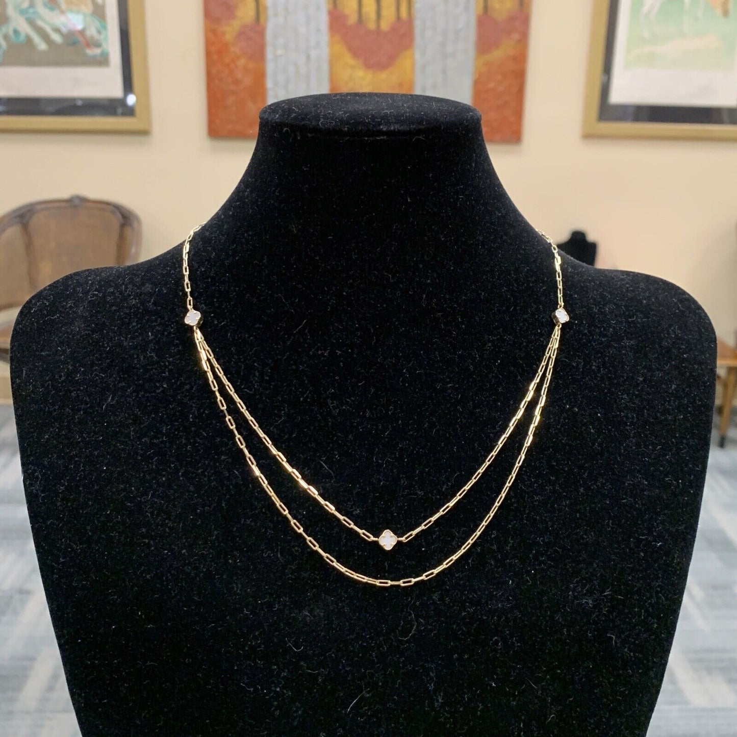 14K Yellow Gold Four Leaf Clover Paper Clip Chain Station Necklace