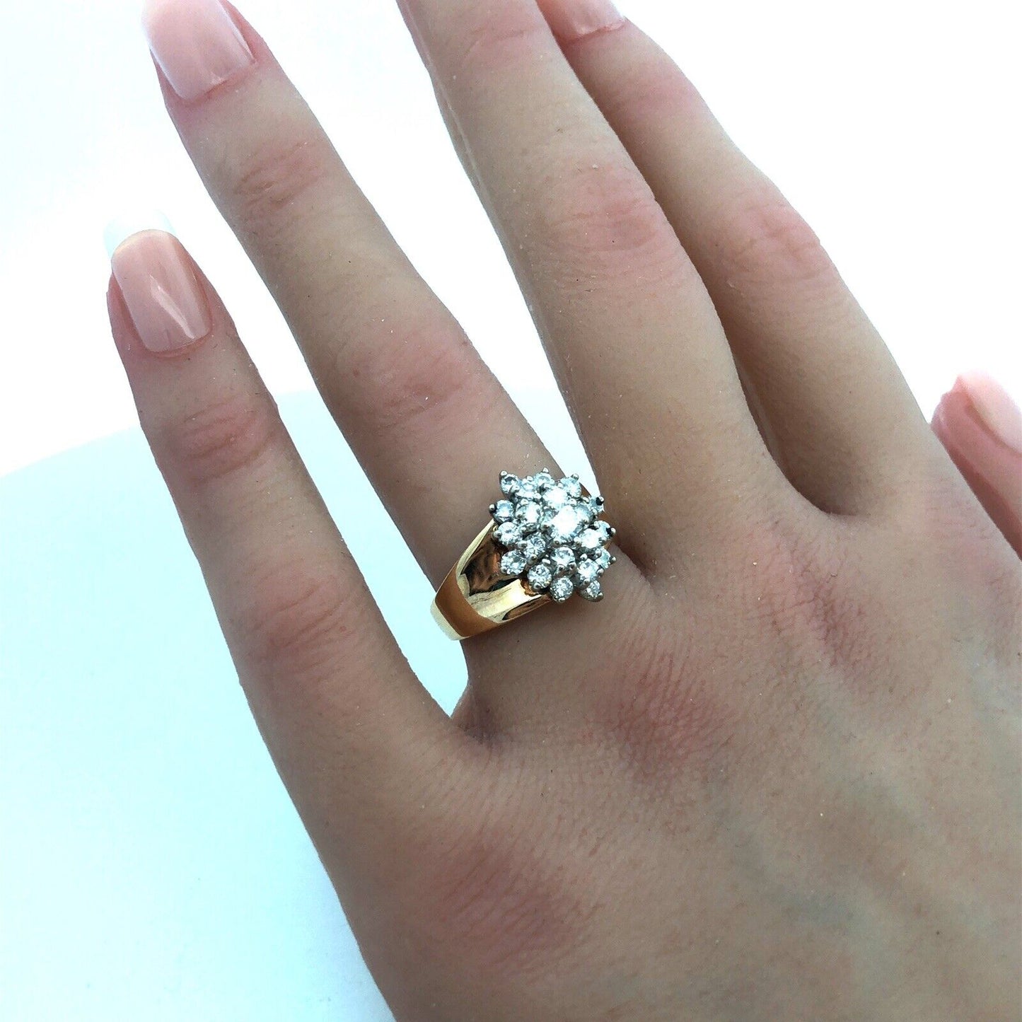 Classic 14K Yellow Gold Diamond Starburst Flower Cluster Cocktail Ring