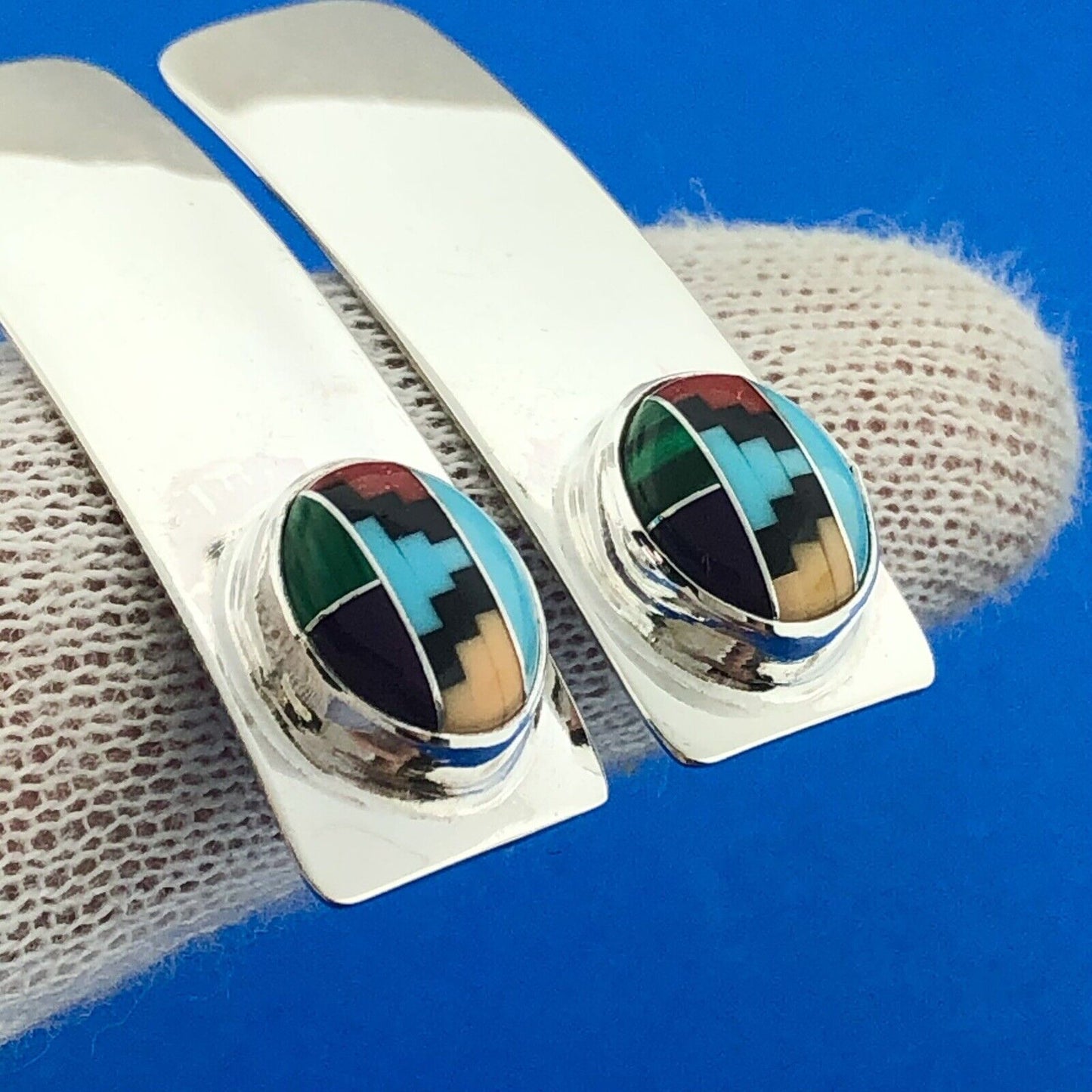 Navajo Designer Willie Saiz Sterling Silver 925 Multi-Stone Inlay Stud Earrings