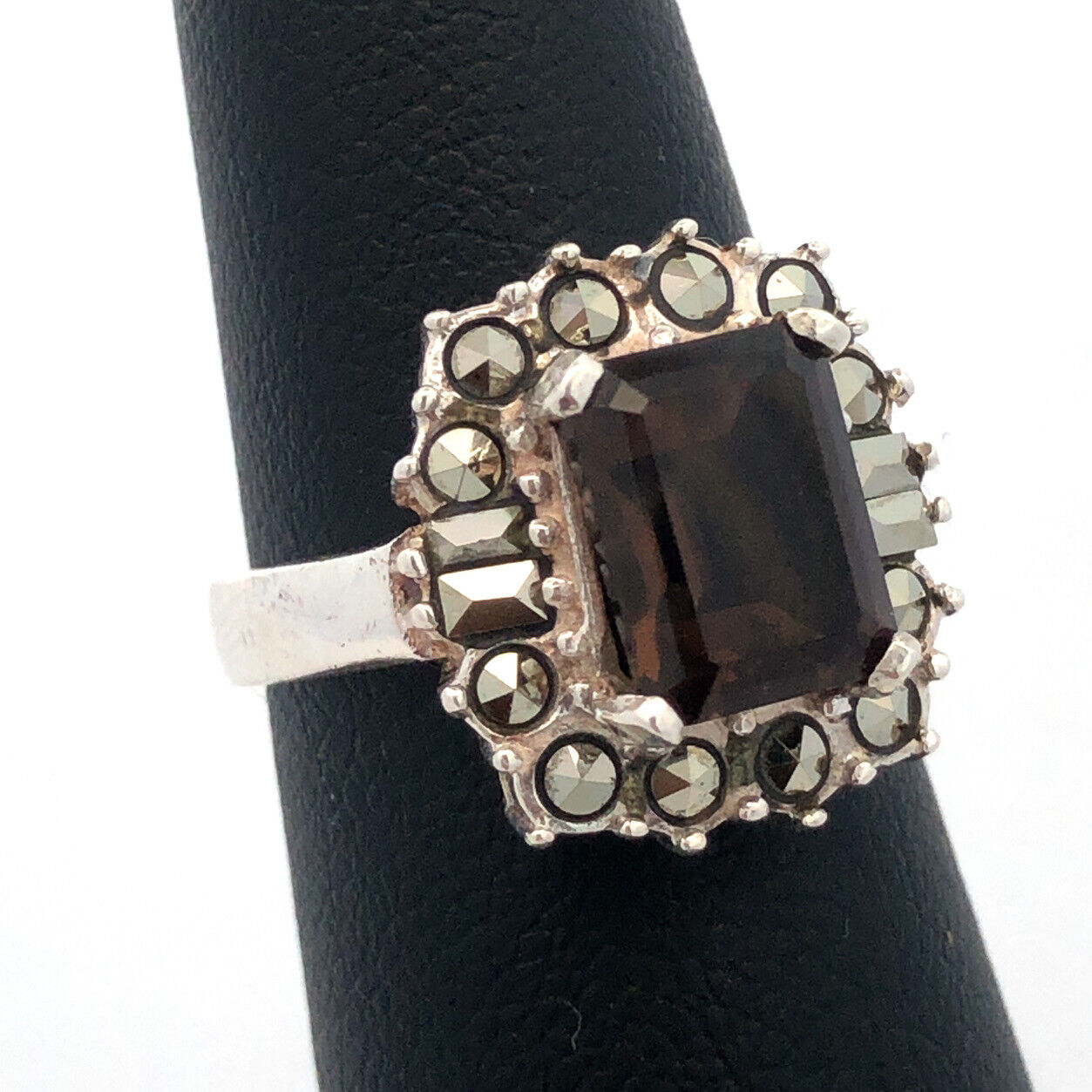 Designer 925 Sterling Silver Emerald Cut Smoky Quartz Hematite Halo Accent Ring