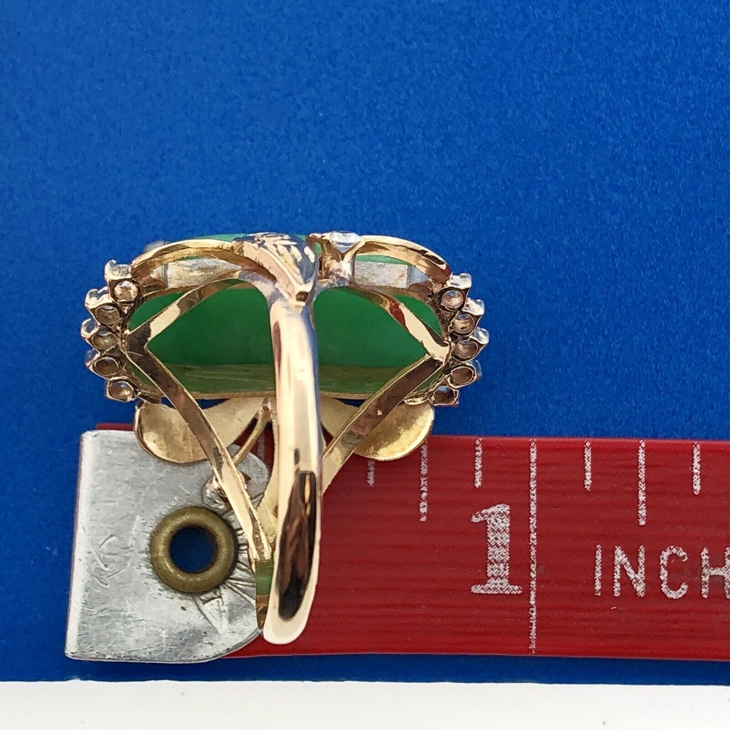 Retro 18K Yellow Gold Jade Jadeite Cabochon Cubic Zirconia Accent Cocktail Ring