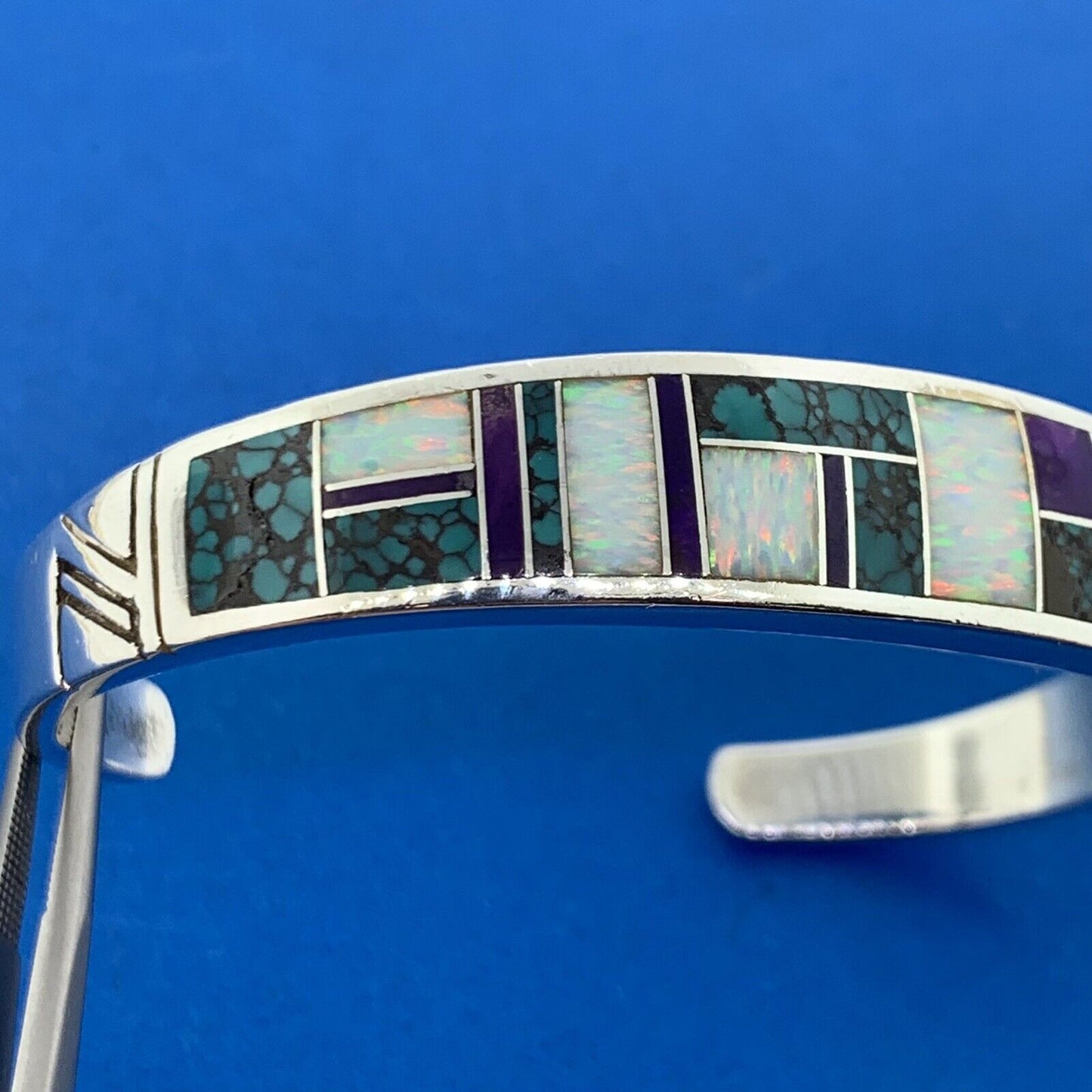 C Willie/D Rosales Sterling Silver Opal Spiderweb Turquoise Amethyst Inlay Cuff