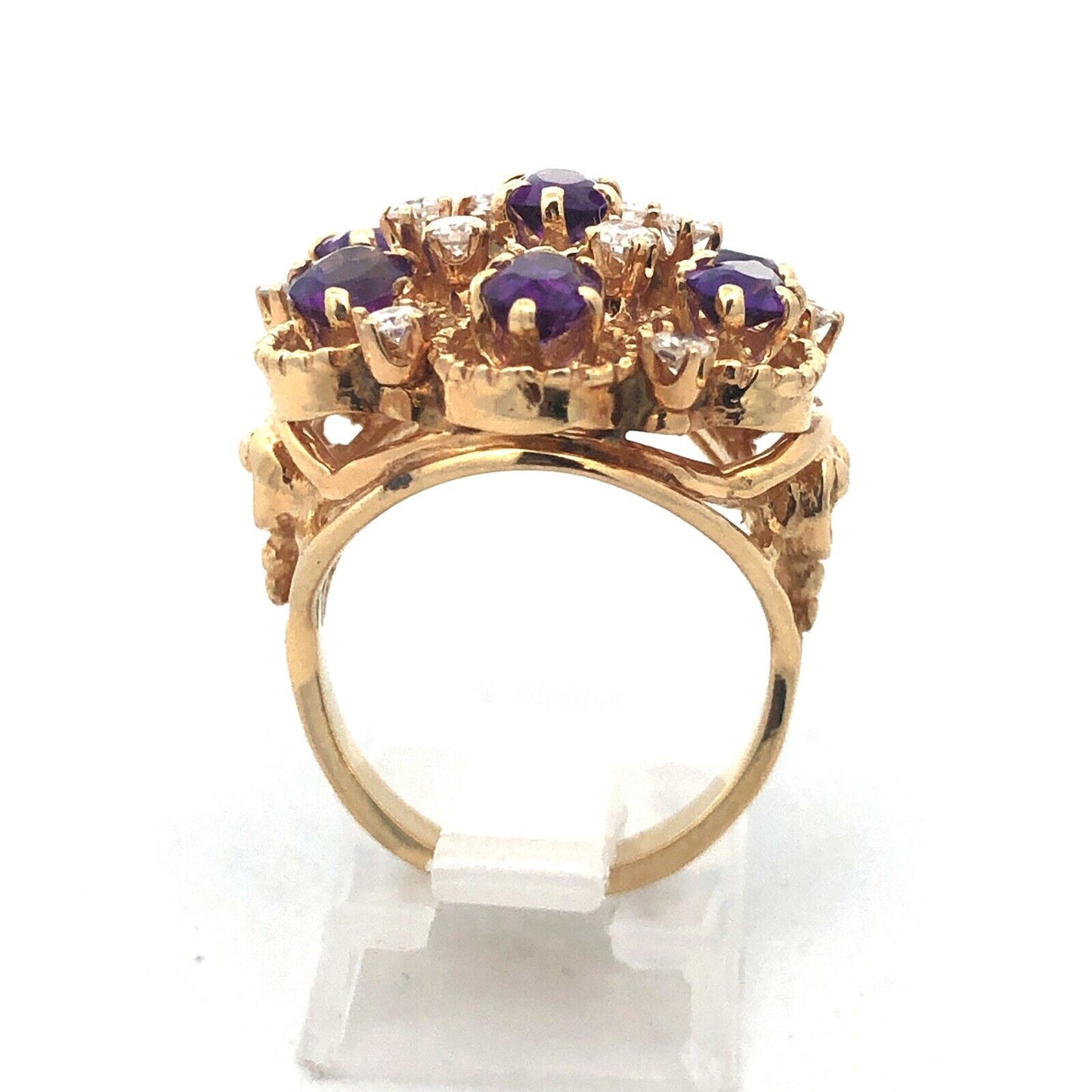Vintage 14K Yellow Gold Amethyst Diamond Statement Anniversary Cocktail Ring