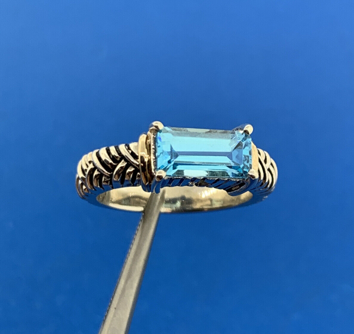 Andrea Candela 14K Yellow Gold 925 Sterling Silver Blue Topaz Woven Cable Ring