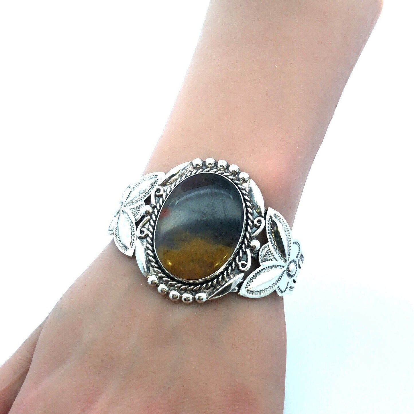 Native American 925 Sterling Silver Bumblebee Jasper Nature Cuff Bracelet
