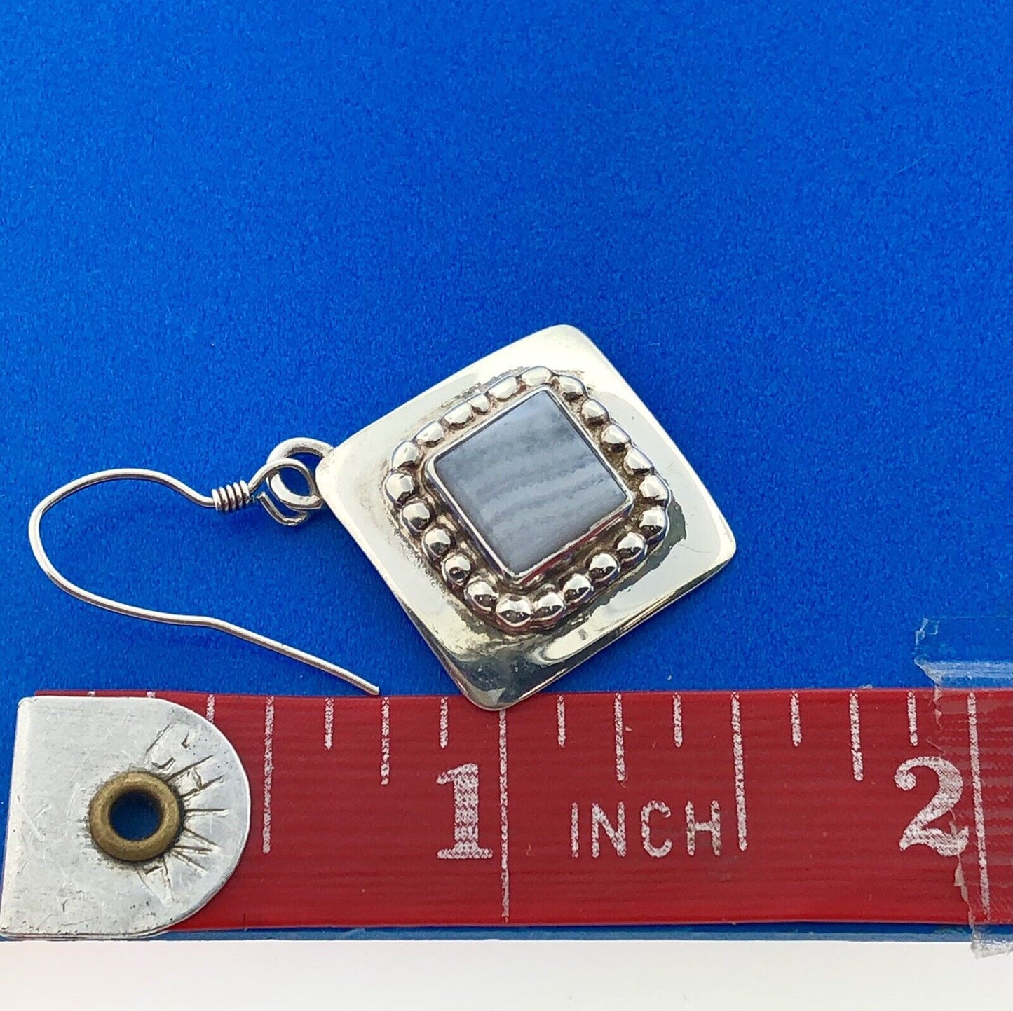 Lovely Sterling Silver 925 Cabochon Gray Lace Agate Square Dangle Hook Earrings