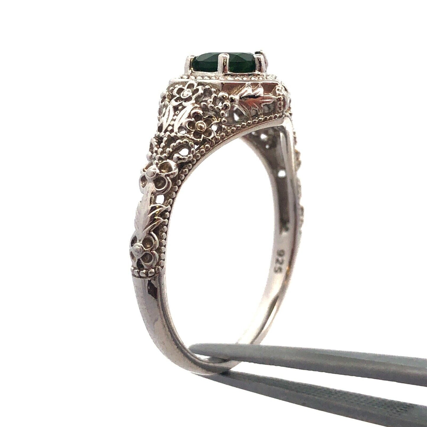Designer BBJ 925 Sterling Silver Round Green Tourmaline Filigree Solitaire Ring
