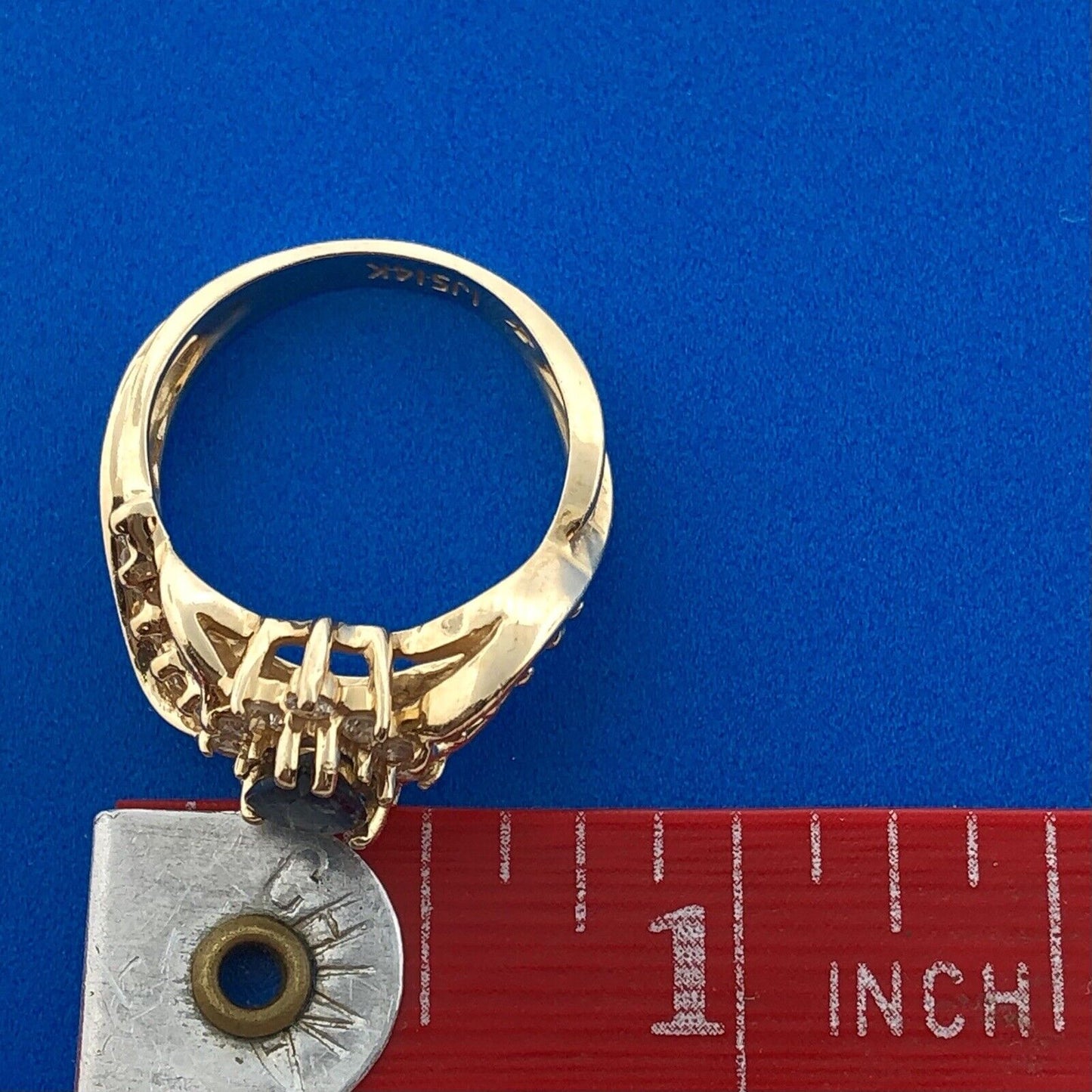 Retro Designer 14K Yellow Gold Sapphire Pear Diamond Halo Accented Cocktail Ring