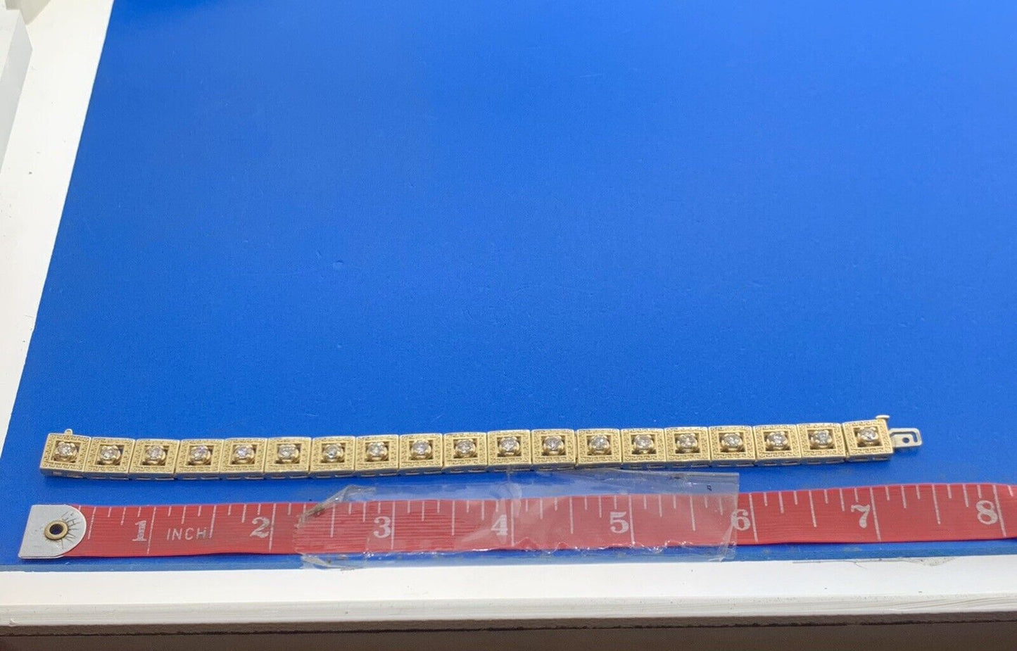 Designer 14K Yellow Gold Round Diamond Square Openwork Panel Tennis Bracelet