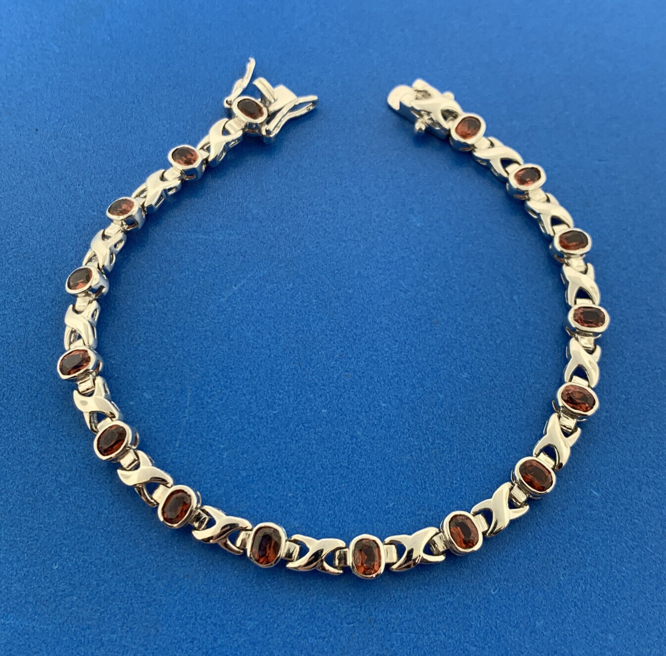Vintage 925 Sterling Silver Oval Garnet X O January Anniversary Tennis Bracelet