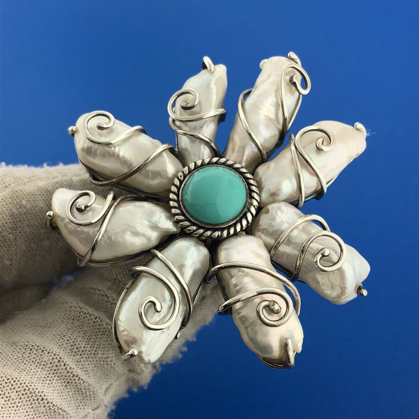 Designer 925 Sterling Silver CFJ Turquoise & Baroque Pearl Flower Floral Ring
