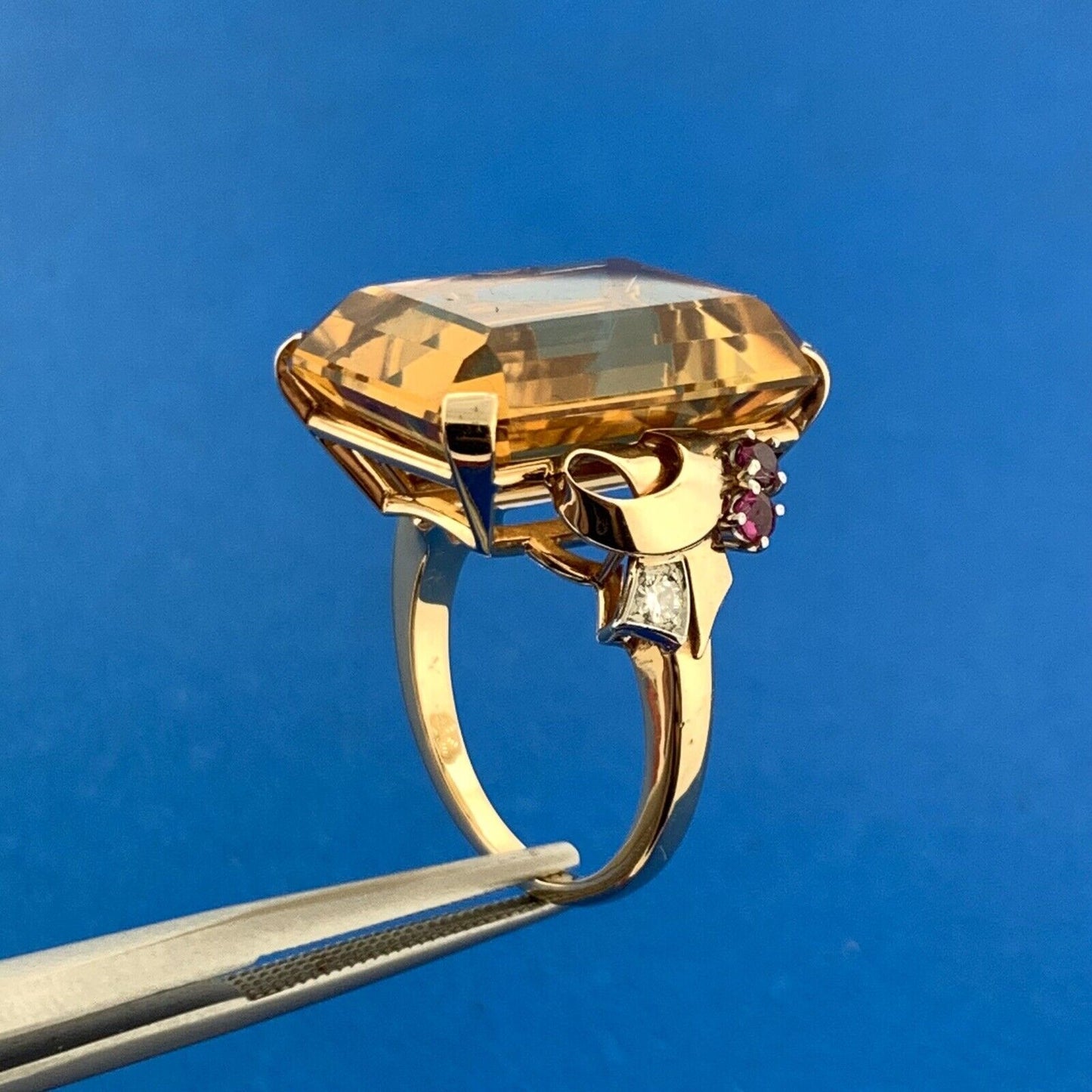 Vintage 14K Yellow Gold Emerald Cut Citrine Ruby Diamond Accent Statement Ring