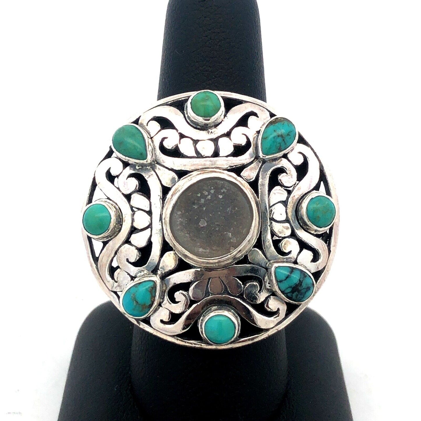 Native American 925 Sterling Silver Turquoise Druzy Quartz Round Statement Ring