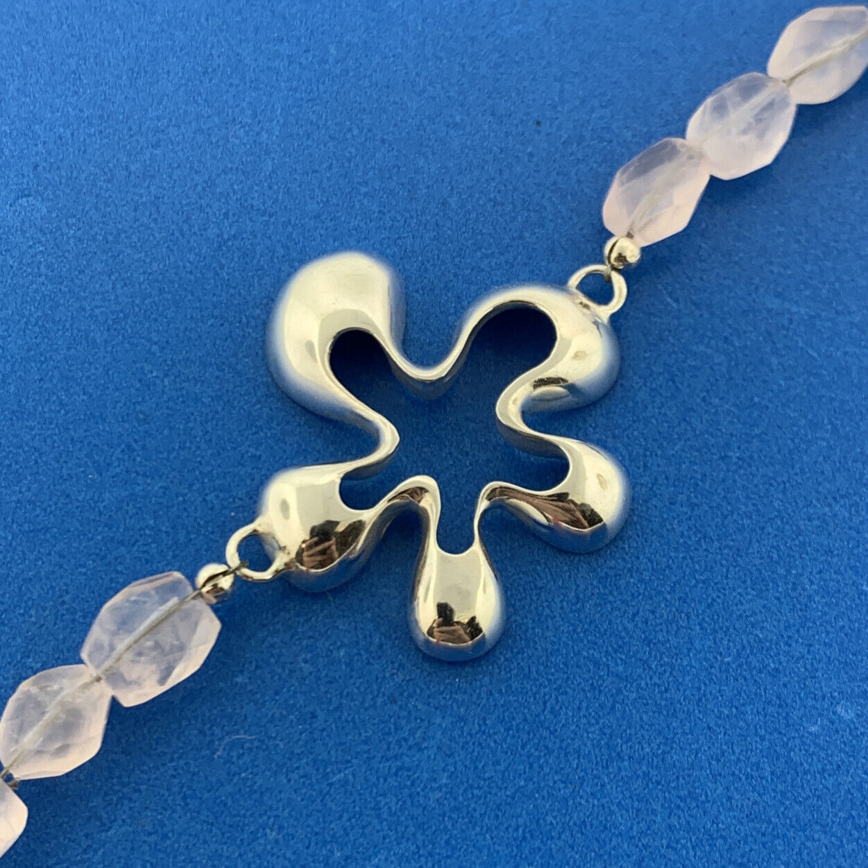 Designer Modernist Sterling Silver Rose Quartz Abstract Flower Station Bracelet
