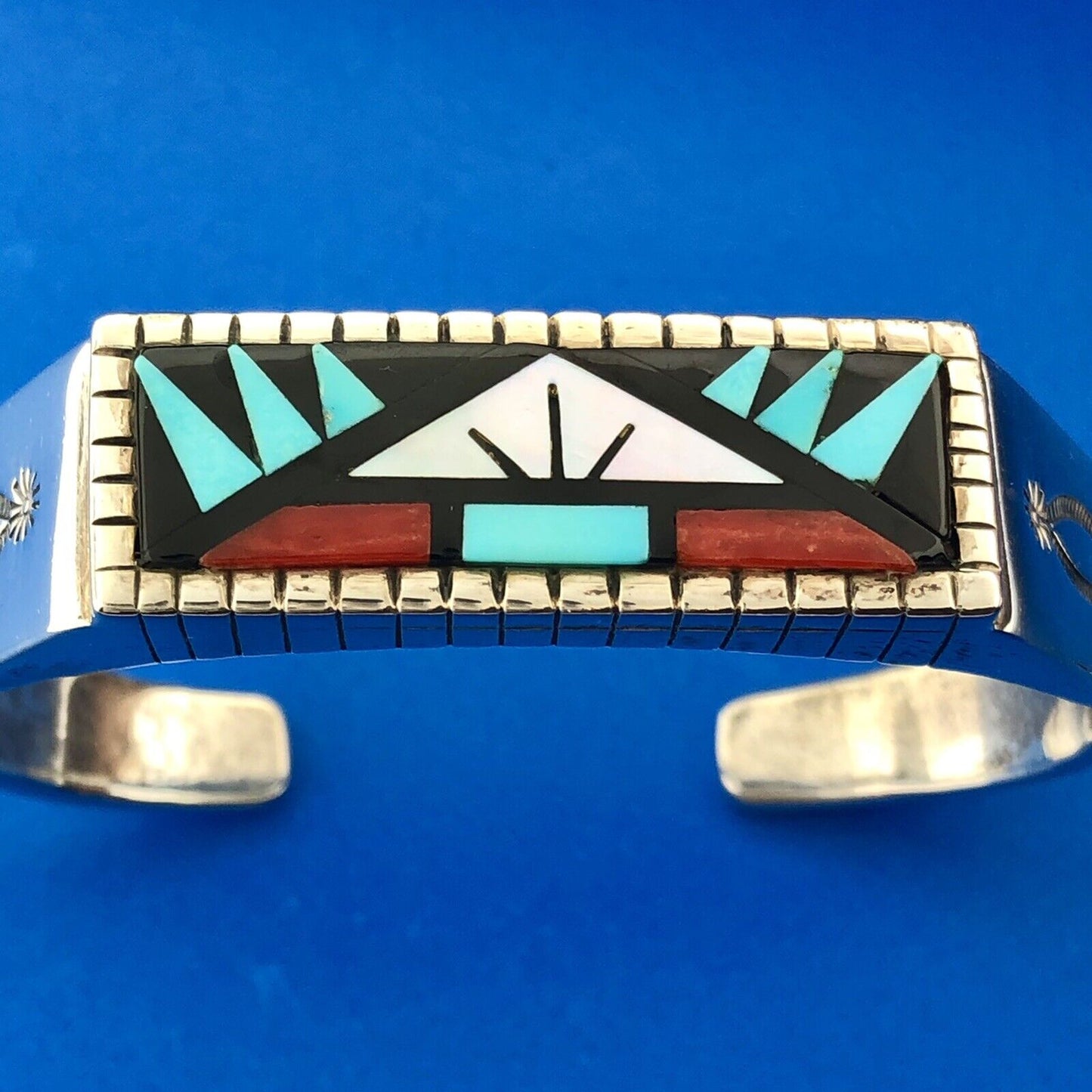 Rare Kee Montoya Navajo Sterling Silver Multi Gem Inlay Statement Cuff Bracelet