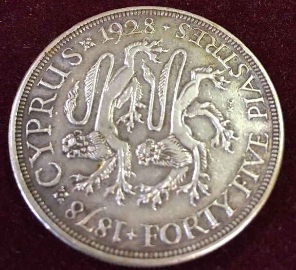 1928 Cyprus Silver 45 Piastres XF Cleaned