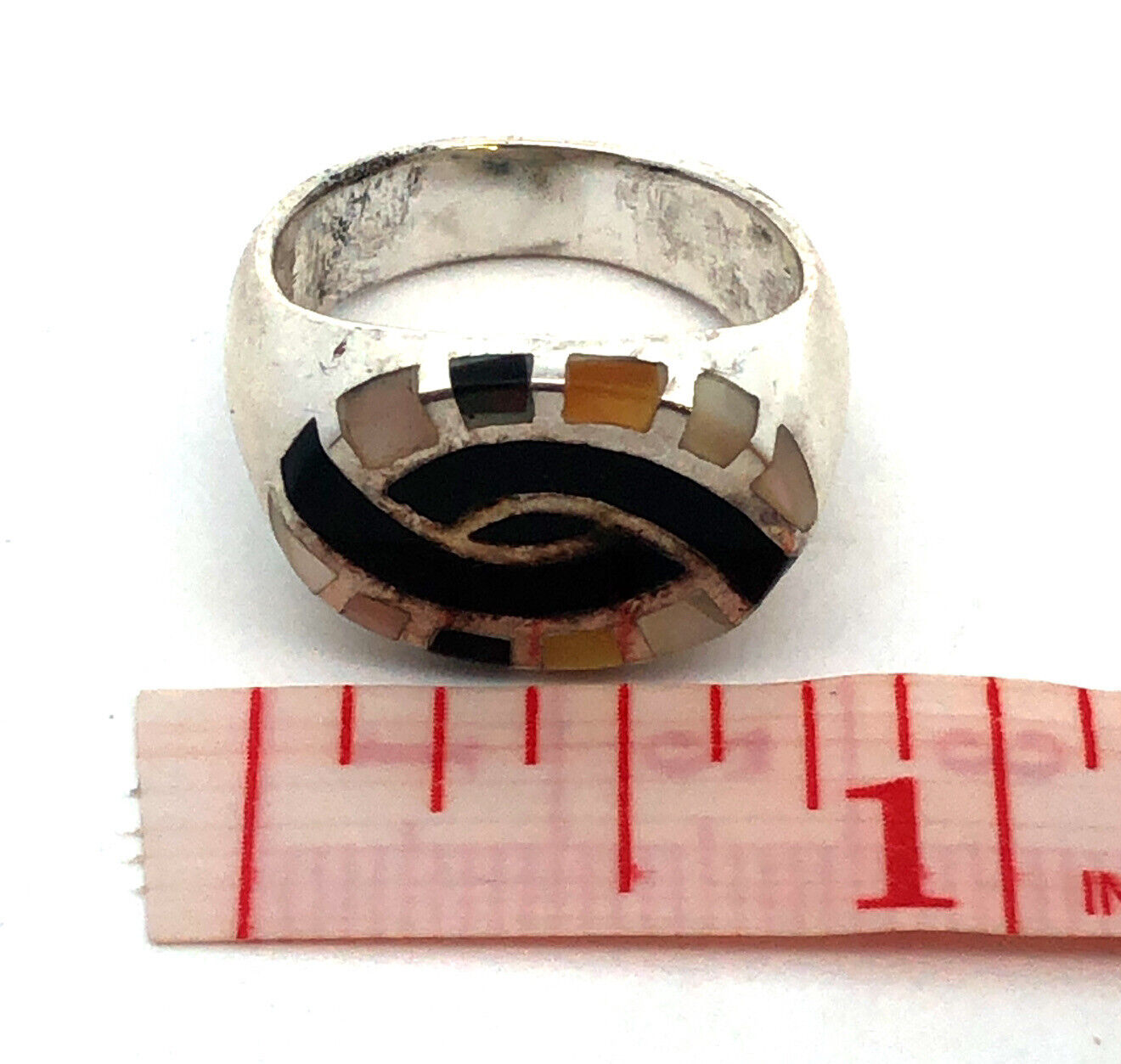 Estate 925 Sterling Silver Black Onyx Mother of Pearl Inlay Oval Signet Ring