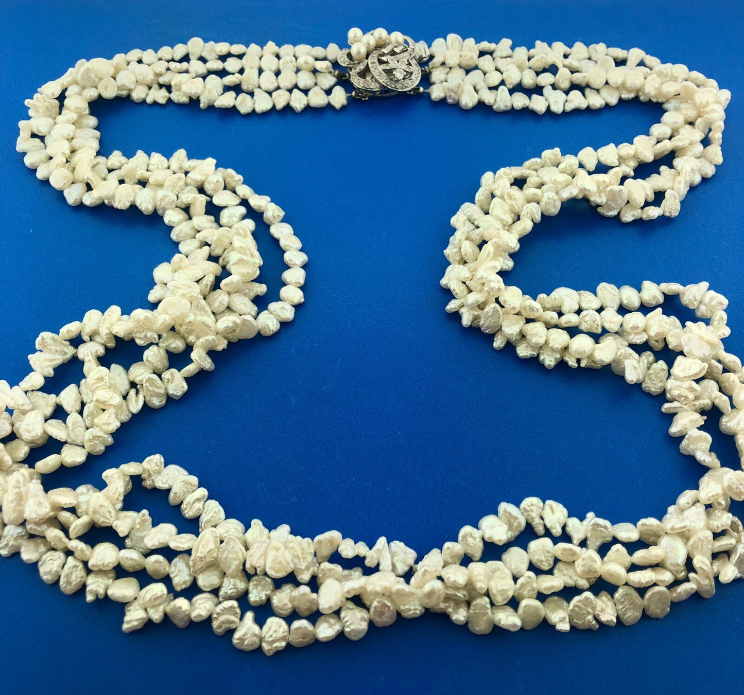 Gorgeous 14k White Gold Diamond Pearl & Keshi Pearl 4 Strand Statement Necklace