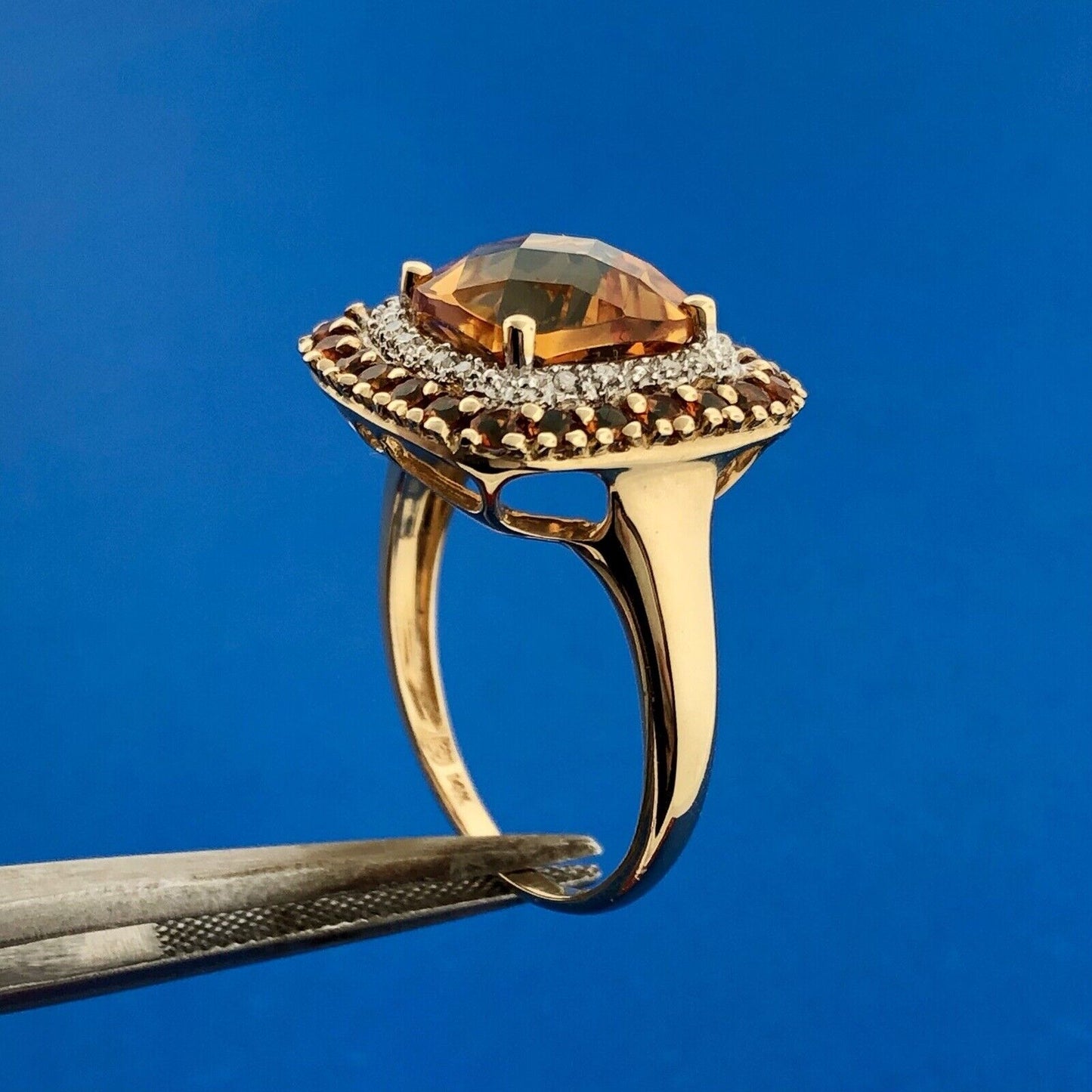 Designer 14K Yellow Gold Citrine Diamond Citrine Halo Statement Anniversary Ring