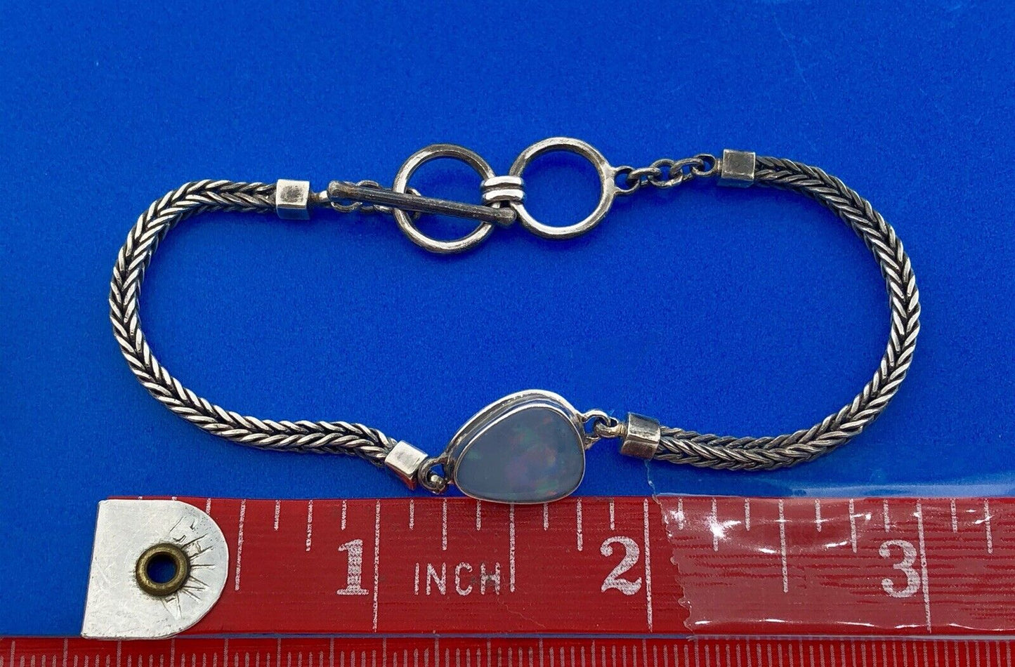 Vintage Sterling Silver 925 Trilliant Opal Cabochon Wheat Link Toggle Bracelet