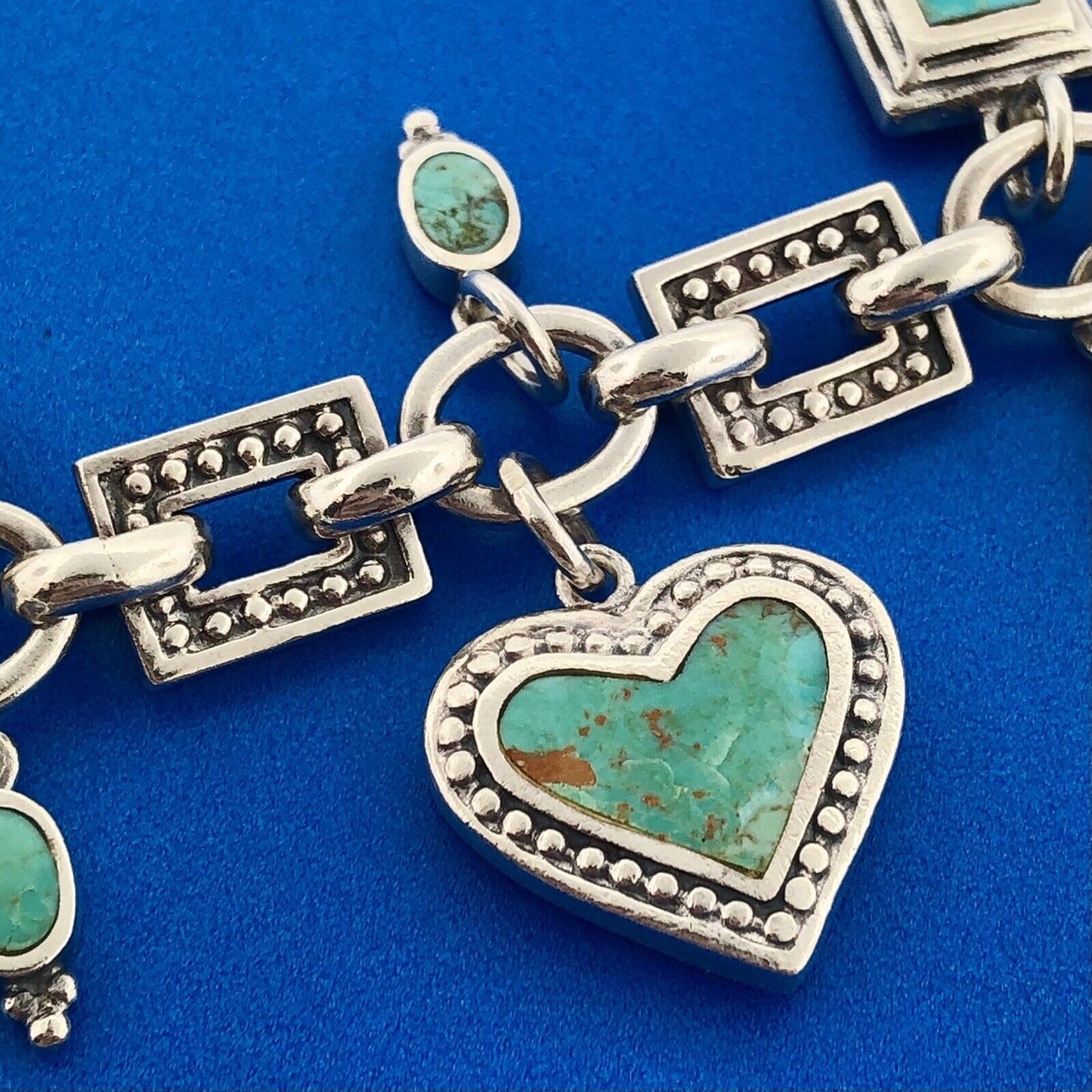 Lovely Sterling Silver 925 Multi-Shaped Turquoise Inlay Charm 7" Toggle Bracelet