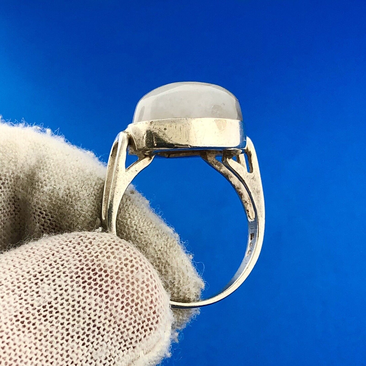 Retro 925 Sterling Silver Pear Cabochon Banded White Gray Agate Statement Ring
