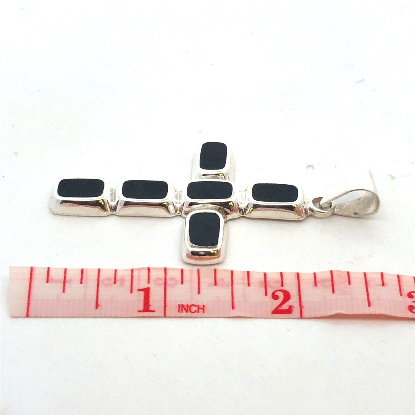 Vintage 925 Sterling Silver Rectangle Black Onyx Bezel Cross Pendant