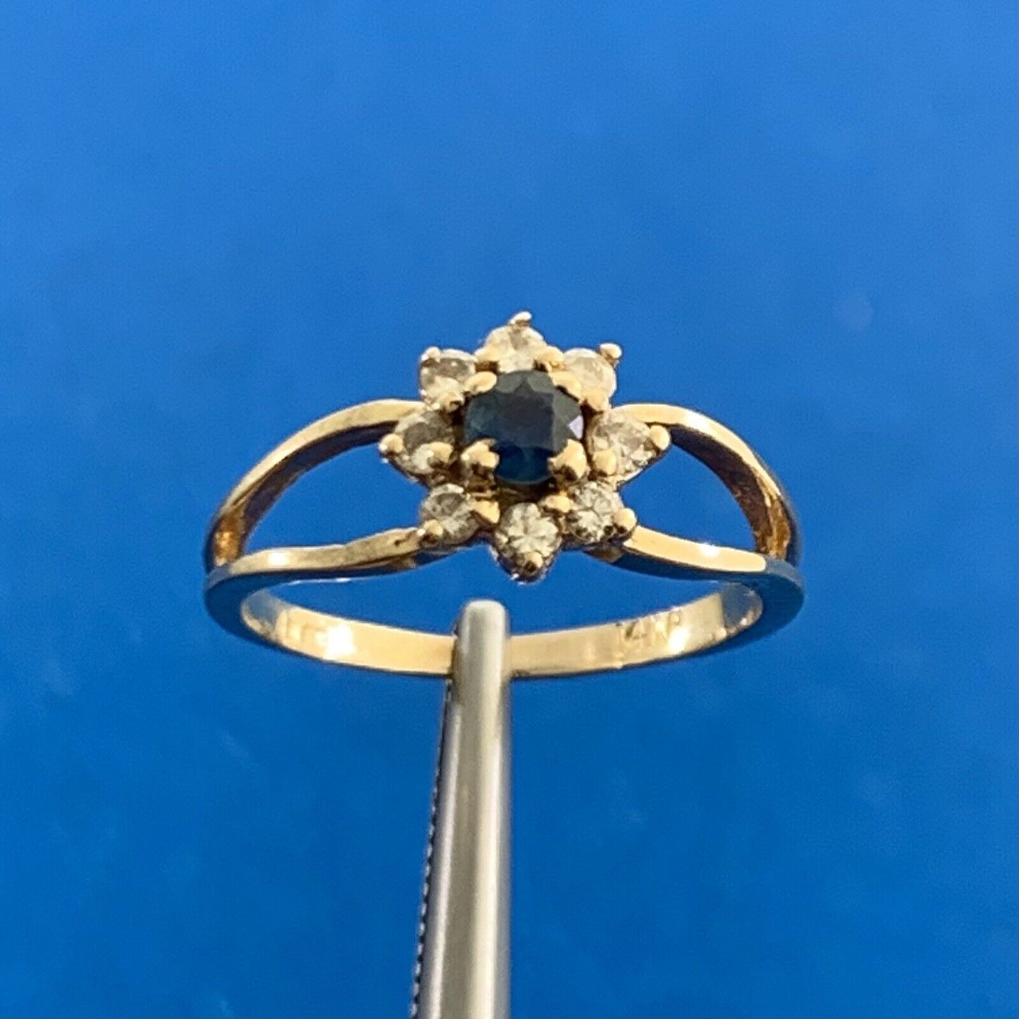 Designer 14K Yellow Gold Round Blue Sapphire Diamond Accent Cocktail Ring