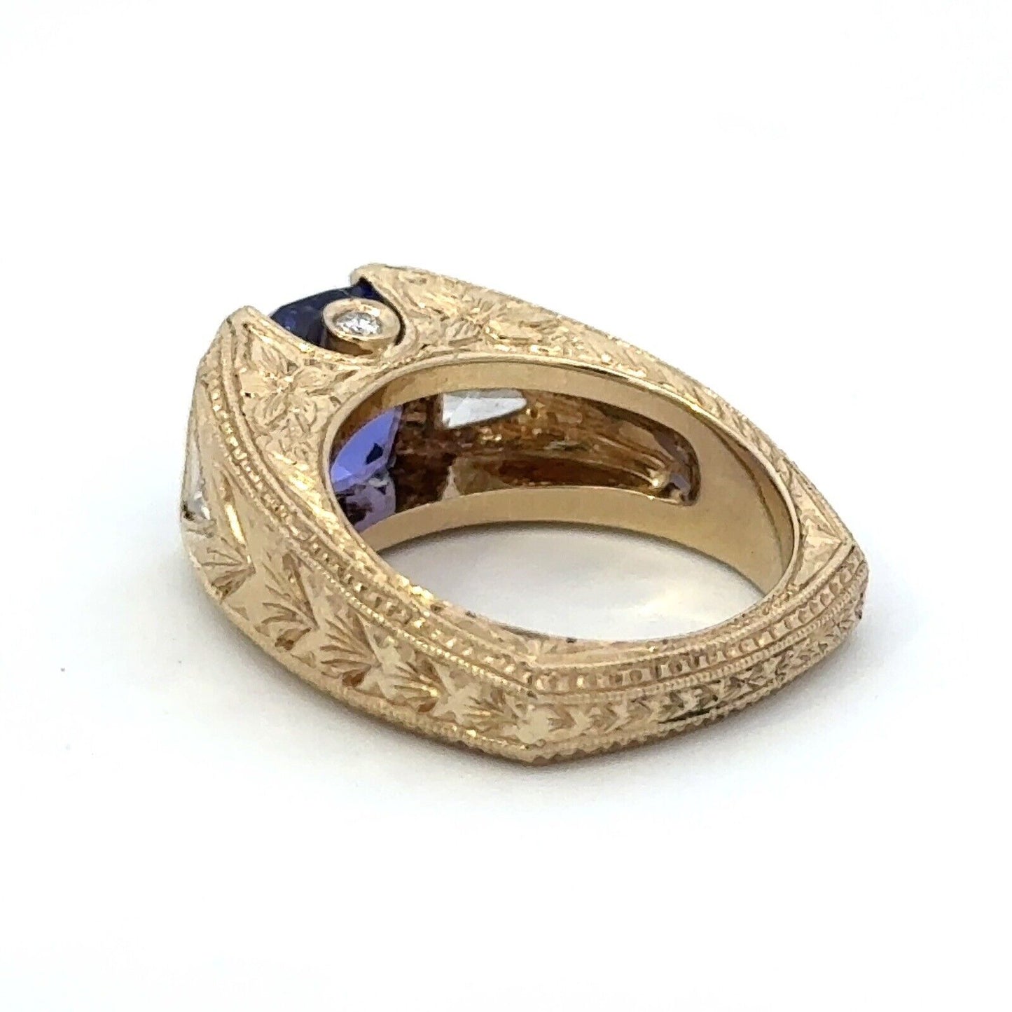 Designer 14K Yellow Gold Round Amethyst Diamond Floral Vintage Filigree Ring