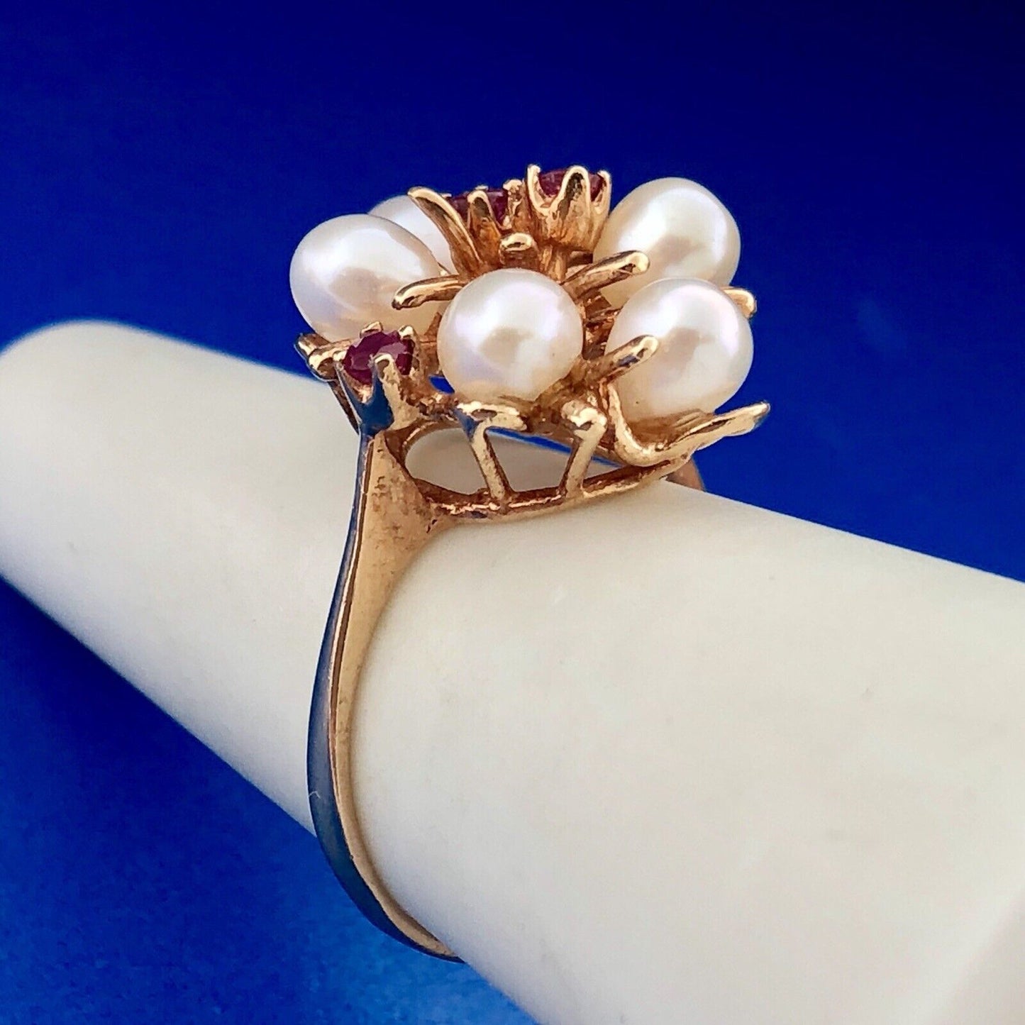 Vintage 14k Yellow Gold Ruby Pearl Cluster Modernist Free Form Cocktail Ring