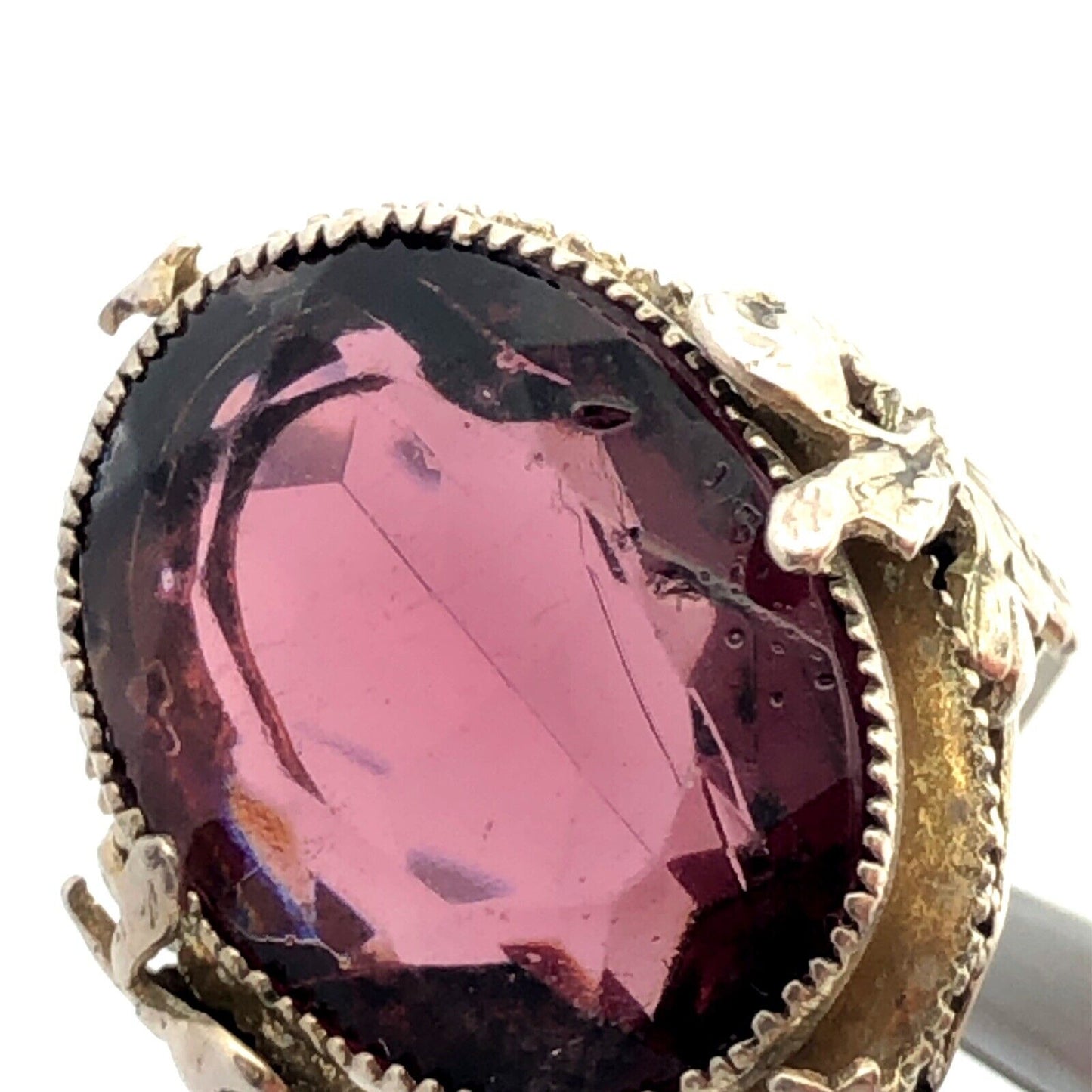 Vintage 925 Sterling Silver Faceted Purple Glass Floral Filigree Scroll Ring