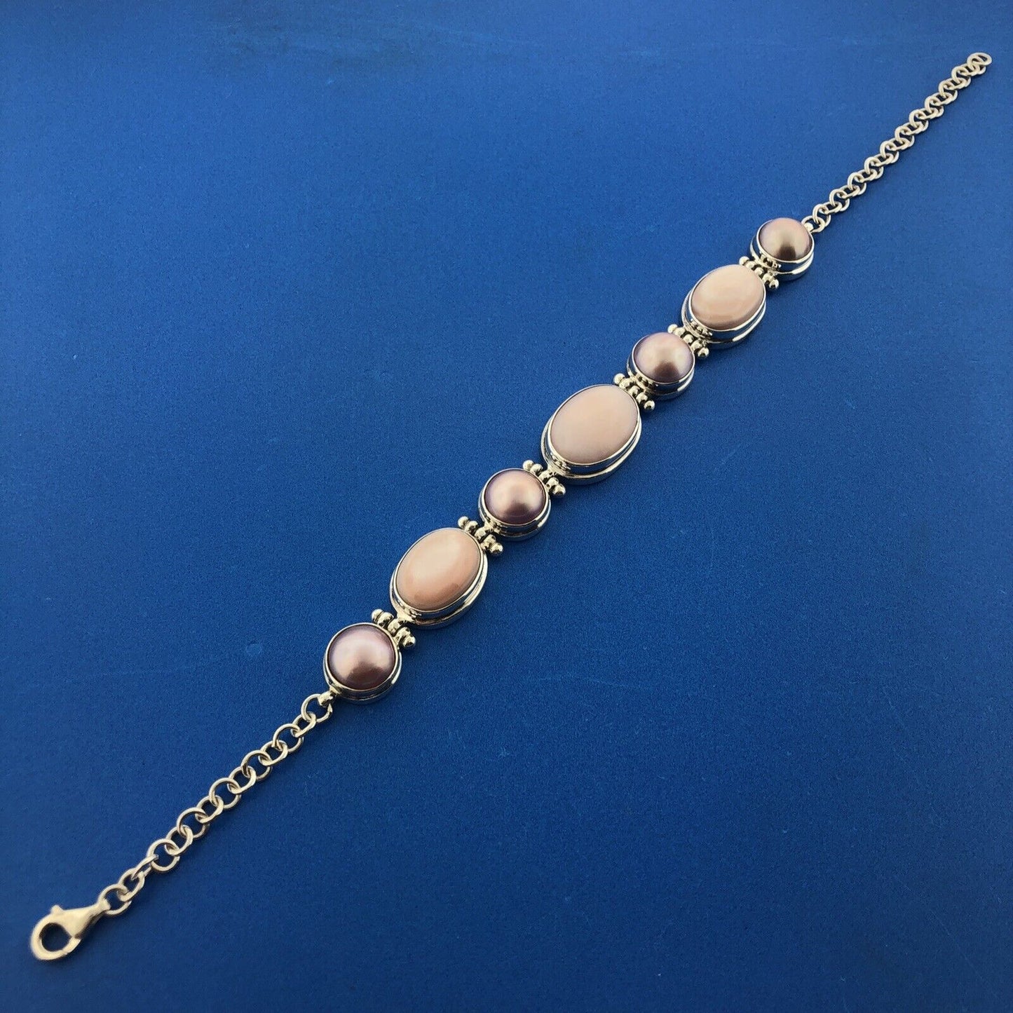 Sterling Silver Rose Quartz Pink Mother Of Pearl Rose Pearl Cabochon Bracelet